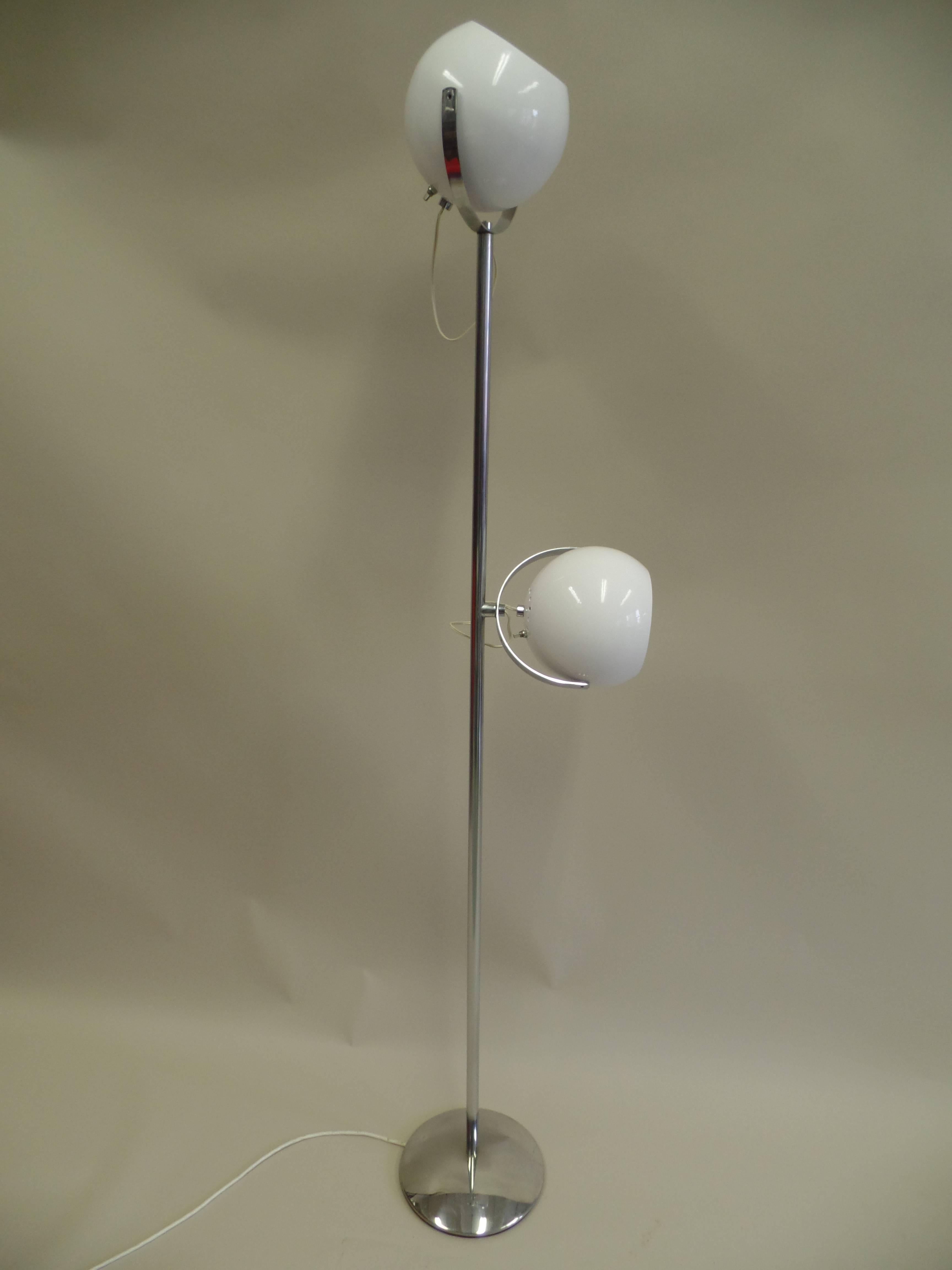 Enameled Rare Pair Italian Mid-Century Modern Nickel & White Enamel Floor Lamps, Reggiani For Sale