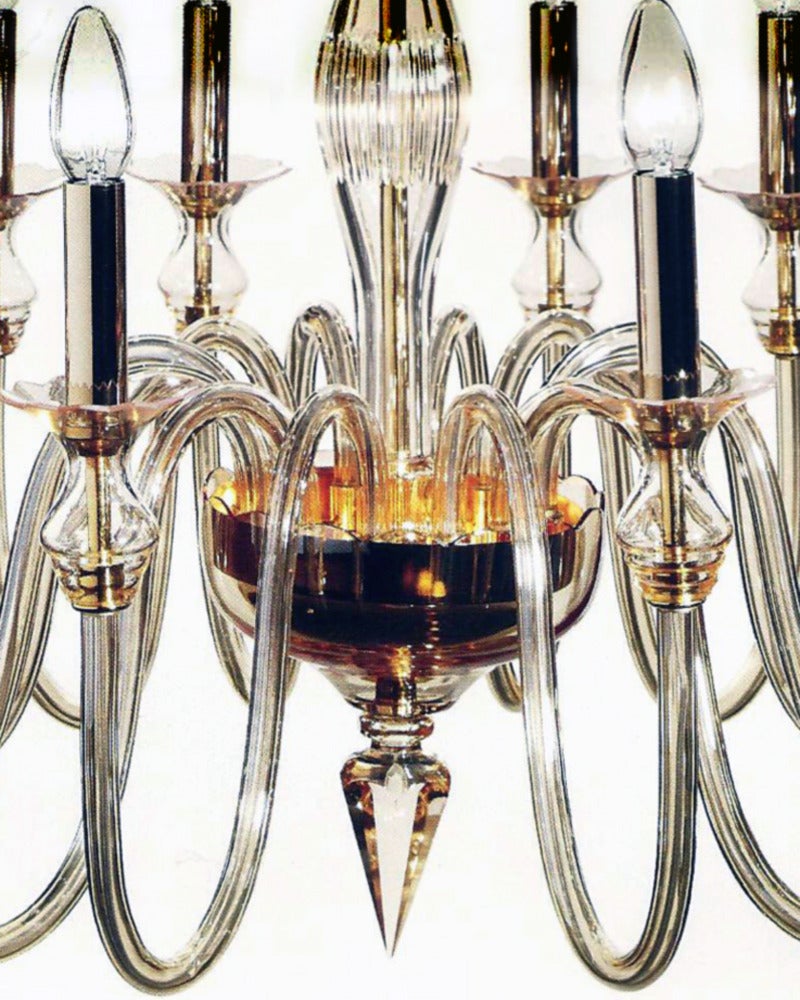 2 hand blown Italian Mid-Century Modern style Venetian glass chandelier in a Sober modern neoclassical taste with 12-arms containing 12 candelabra sockets.

Height is 32.5 without chain and canopy.

This chandelier is also available in clear