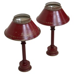 Pair of Antique French Mid-century Red & Gold Tole / Tin Table Lamps circa 1930