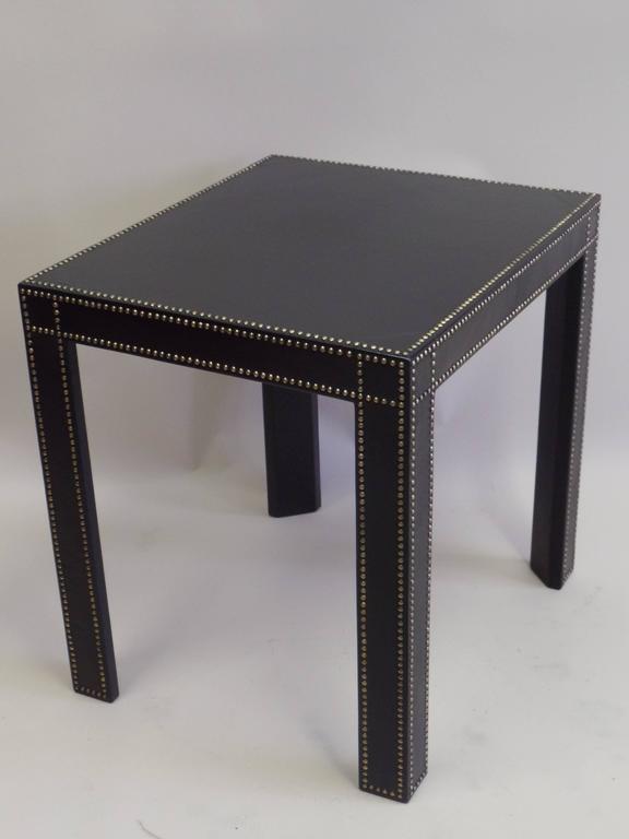 French MidCentury Modern Studded Black Leather End Tables Pierre Lottier, Pair For Sale at