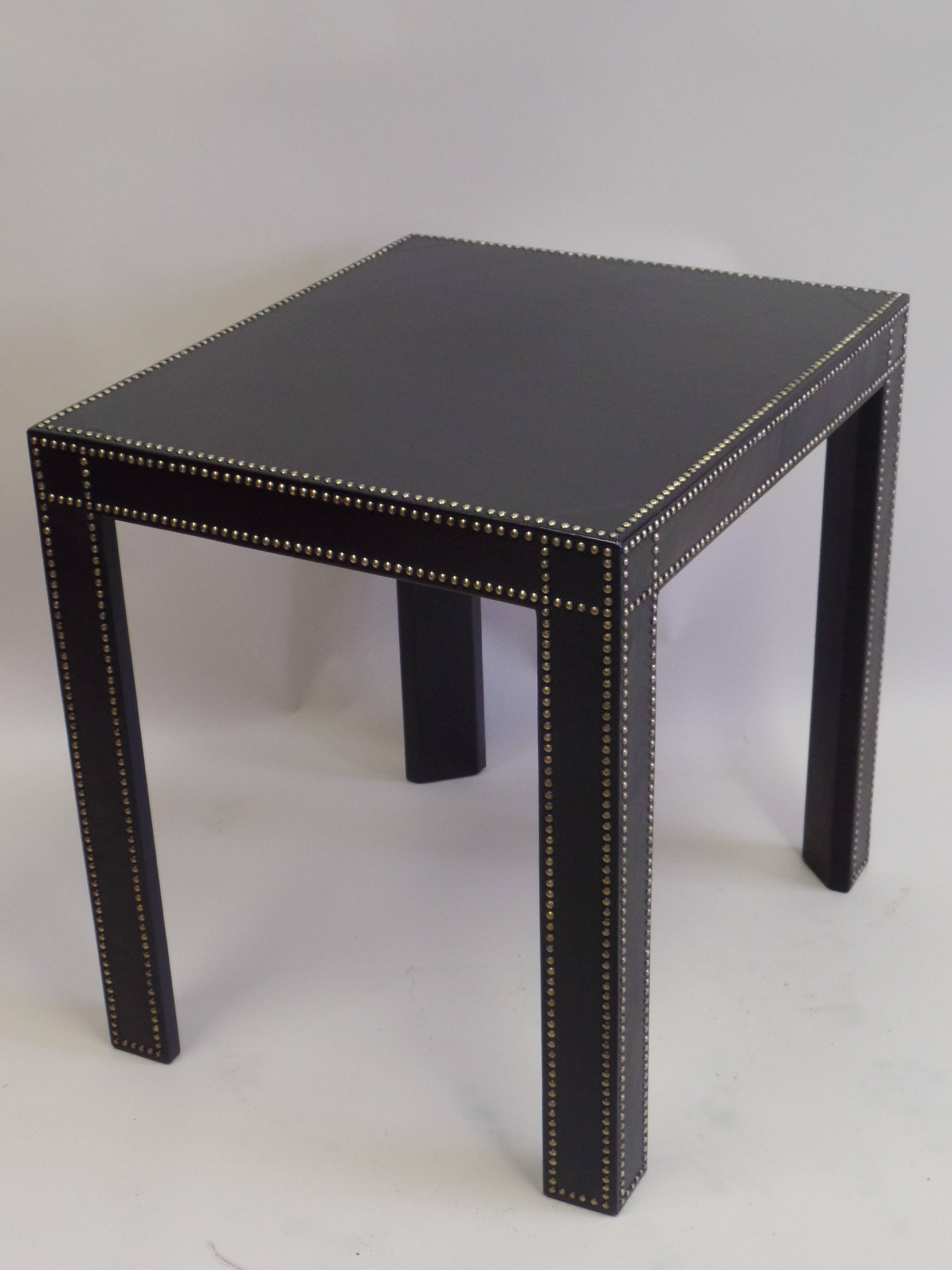 Hand-Crafted Pair, French Mid-Century Modern Studded Black Leather End Tables, Pierre Lottier For Sale
