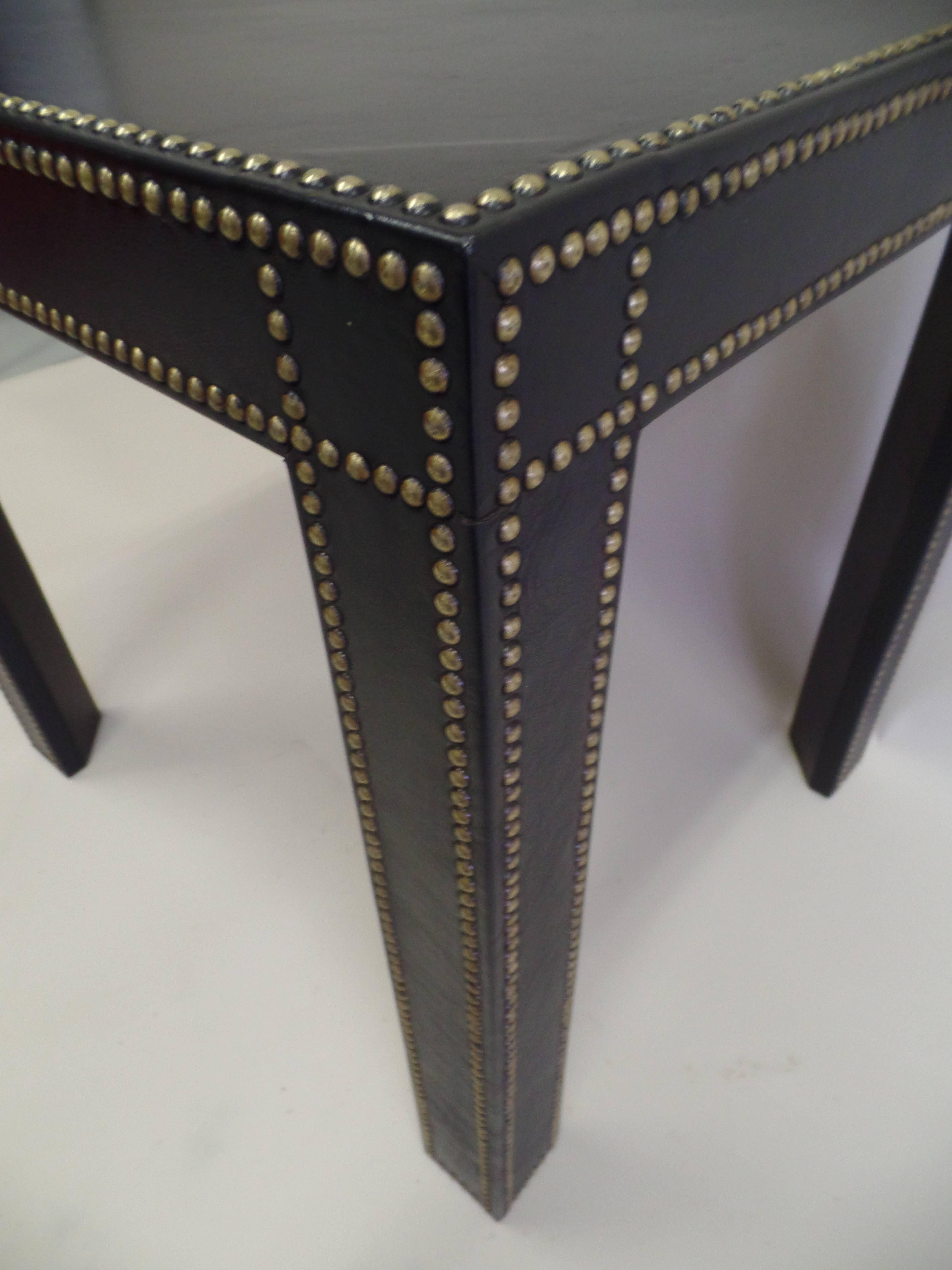 Pair, French Mid-Century Modern Studded Black Leather End Tables, Pierre Lottier In Good Condition For Sale In New York, NY