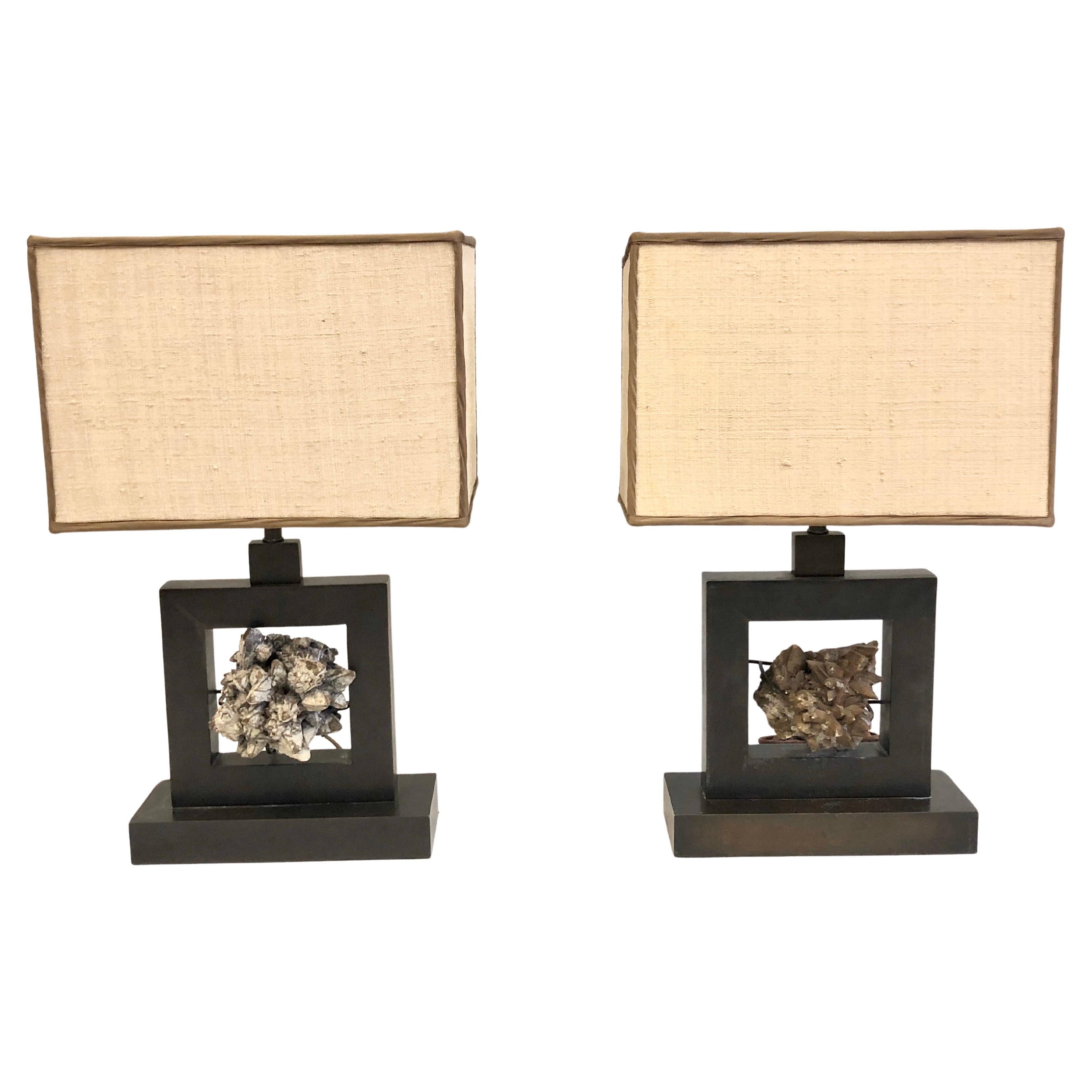 Pair of French Bronze & Rock Crystal Mineral Geode Table Lamps, Marc Du Plantier