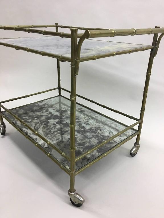 French Modern Neoclassical Brass Faux Bamboo & Mirror Bar Cart by Maison Baguès In Good Condition For Sale In New York, NY