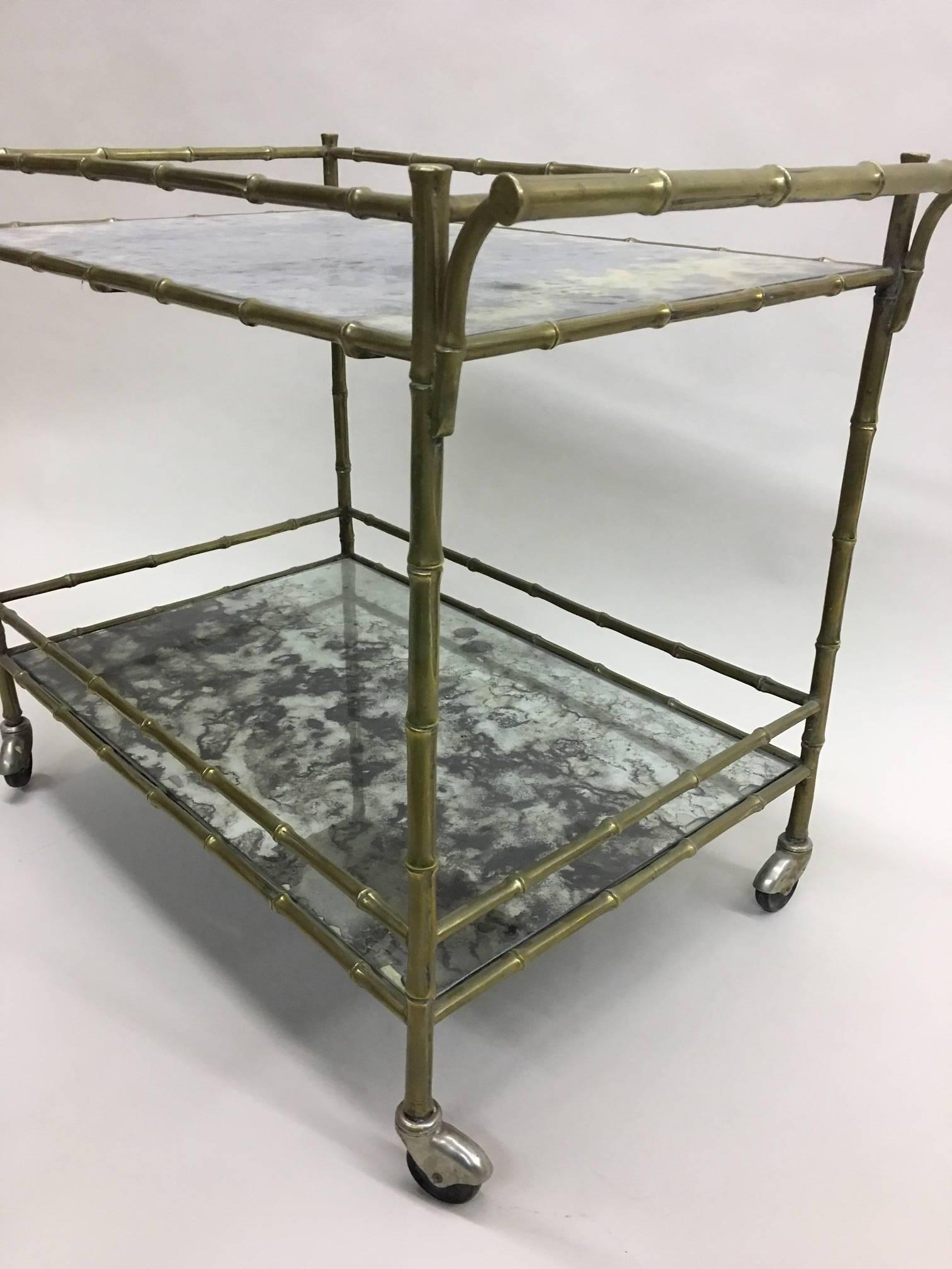 Mid-Century Modern French Modern Neoclassical Brass Faux Bamboo & Mirror Bar Cart by Maison Baguès For Sale