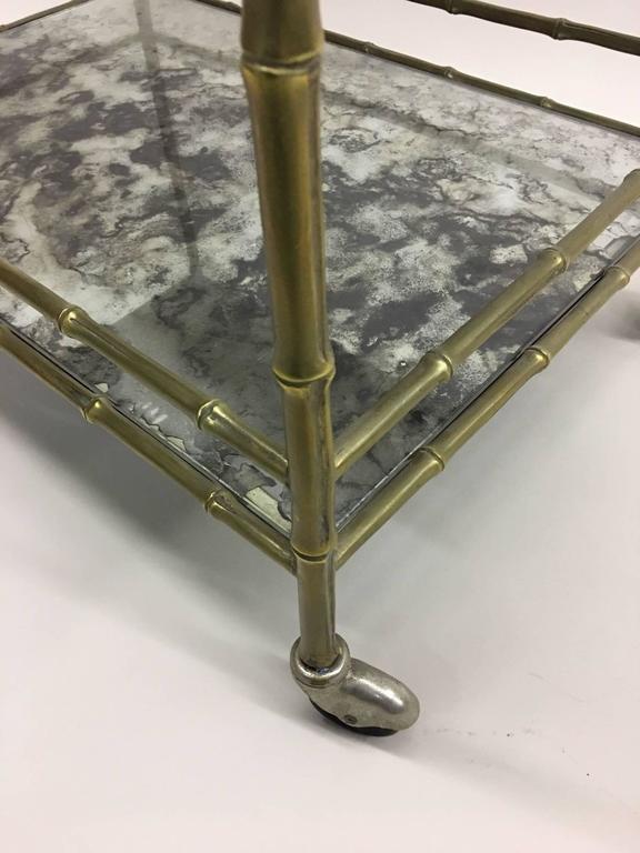 French Modern Neoclassical Brass Faux Bamboo & Mirror Bar Cart by Maison Baguès For Sale 1