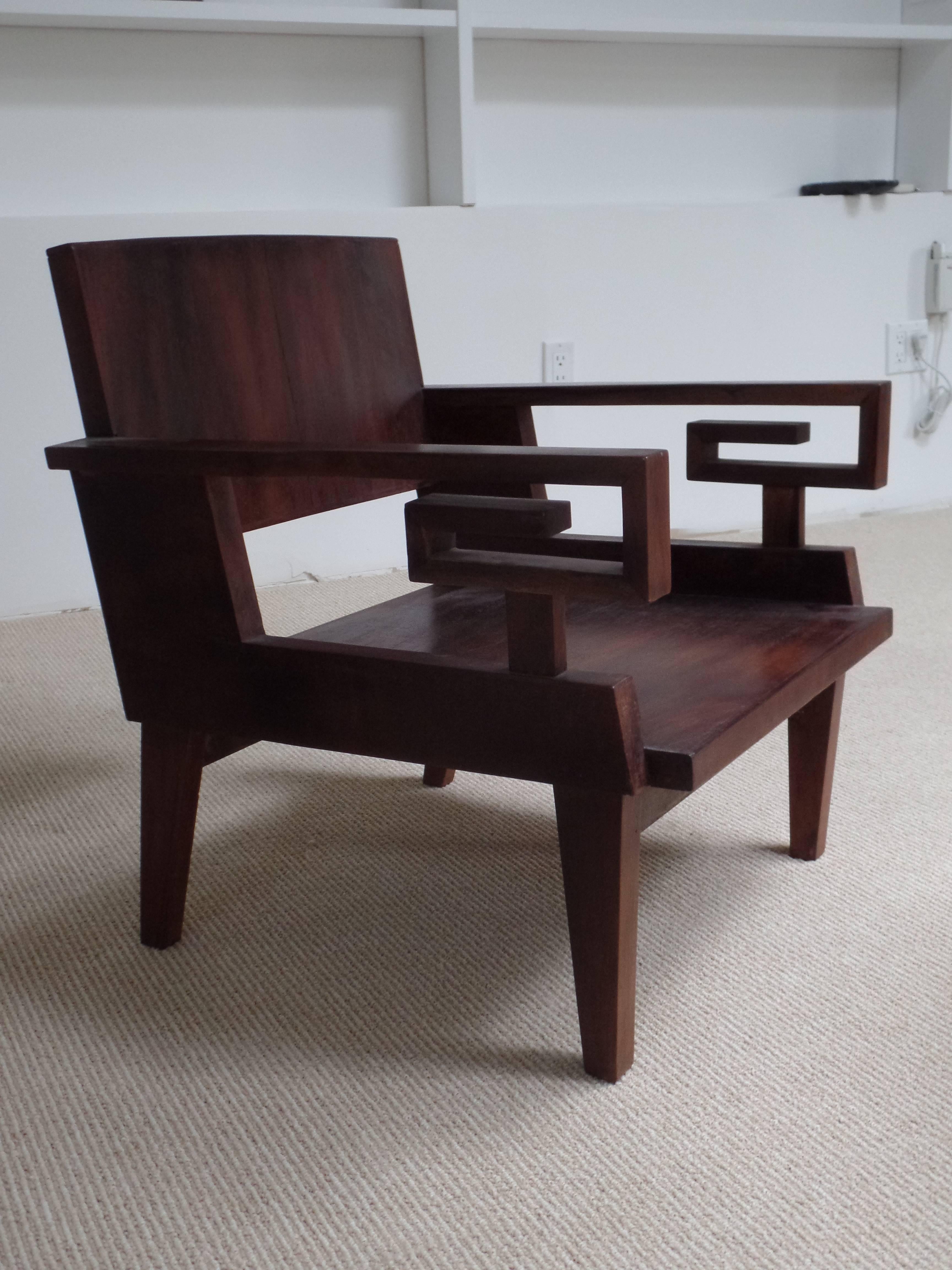 Hand-Crafted Pair of French Art Deco. / Modern Neoclassical Teak Lounge Chairs For Sale