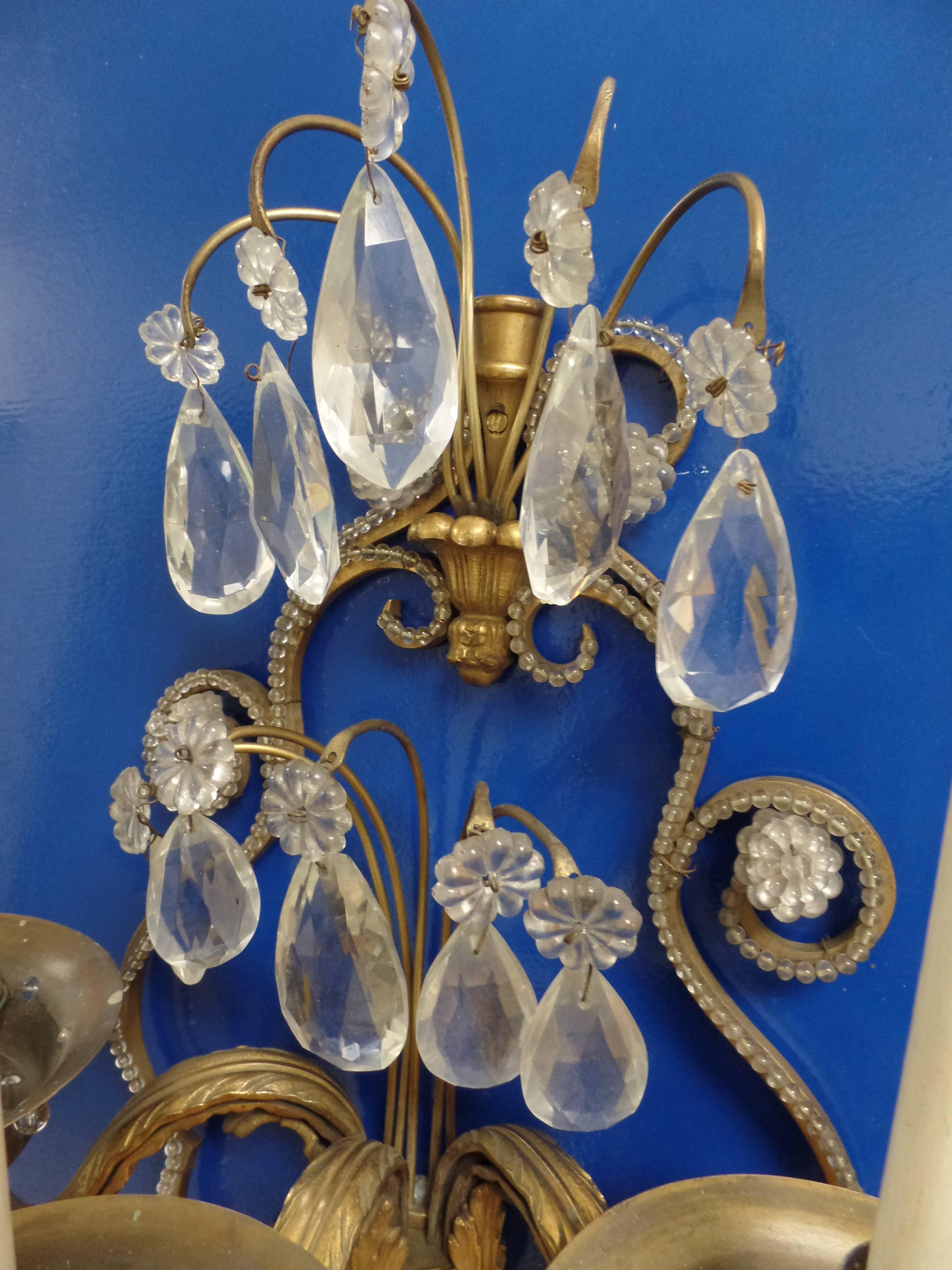 Pair of French Modern Neoclassical Brass and Crystal Sconces by Maison Jansen For Sale 2
