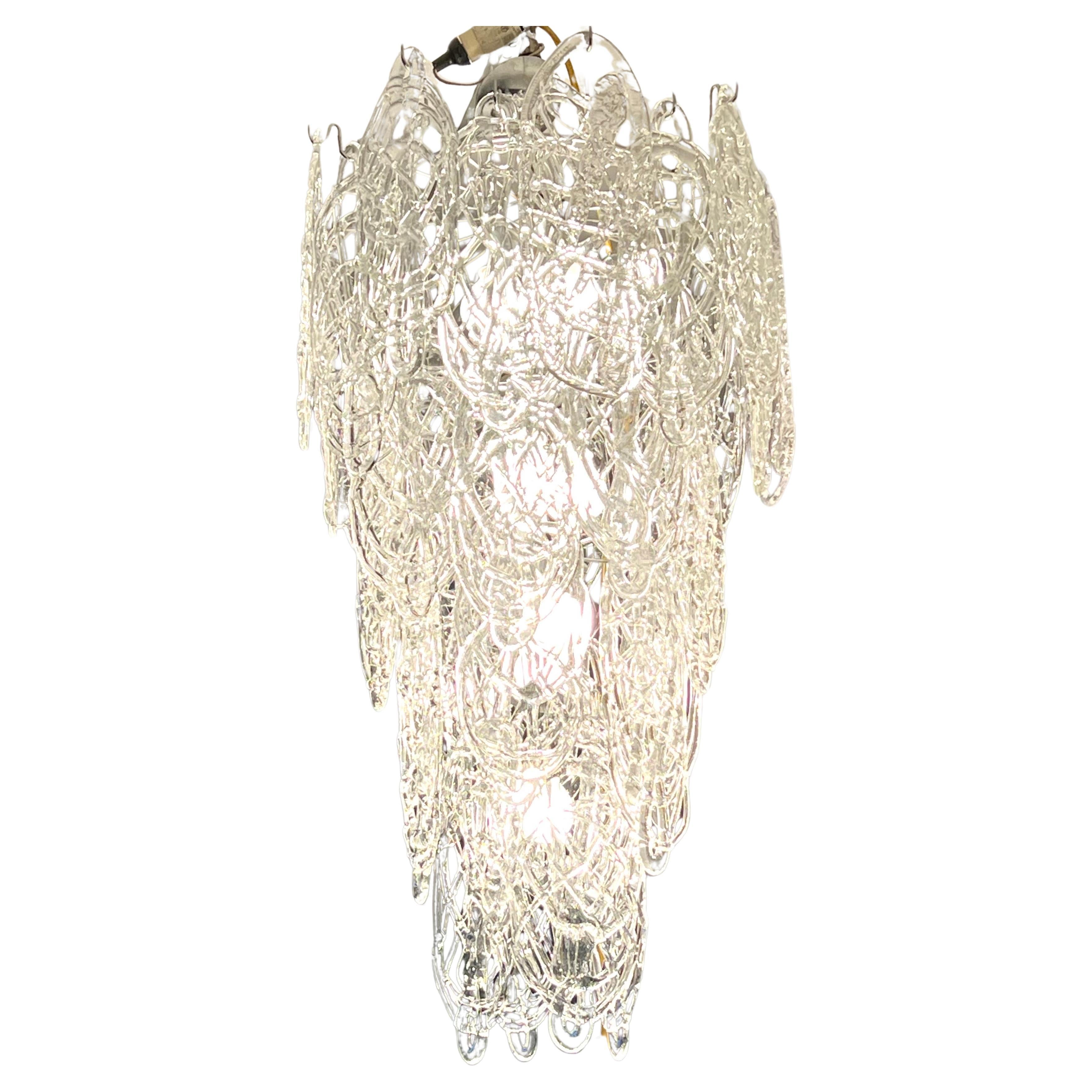 2 Grandi lampadari italiani del Midcentury Modern a cascata in vetro di Murano trasparente 1970 in vendita