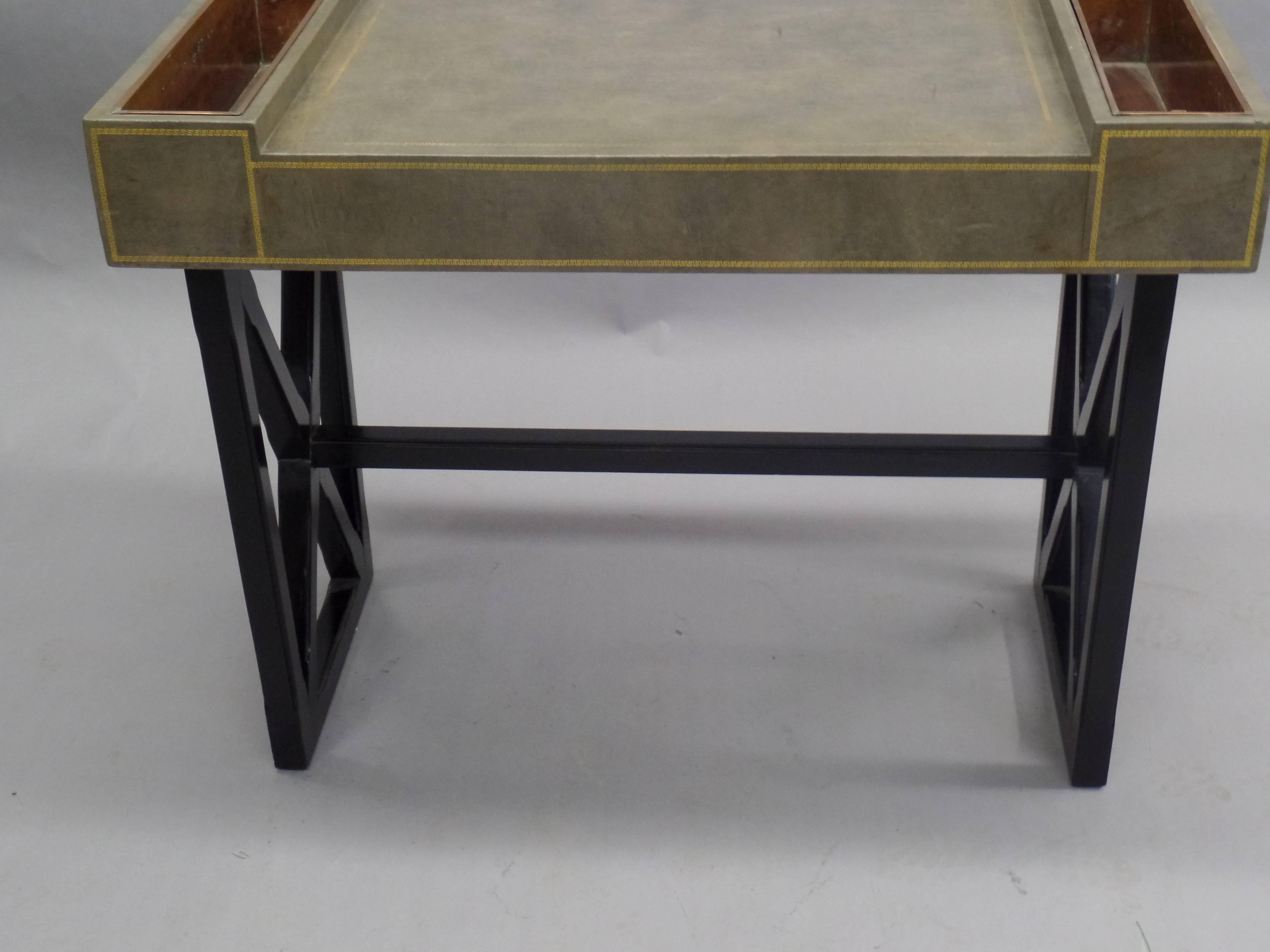 Ebonized French Modern Neoclassical Ebony & Leather Desk /Writing Table, JeanMichel Frank For Sale