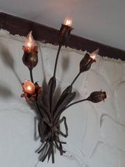 Pair Large French Mid-Century Gilt Iron Floral Wall Sconces, Hollywood Regency