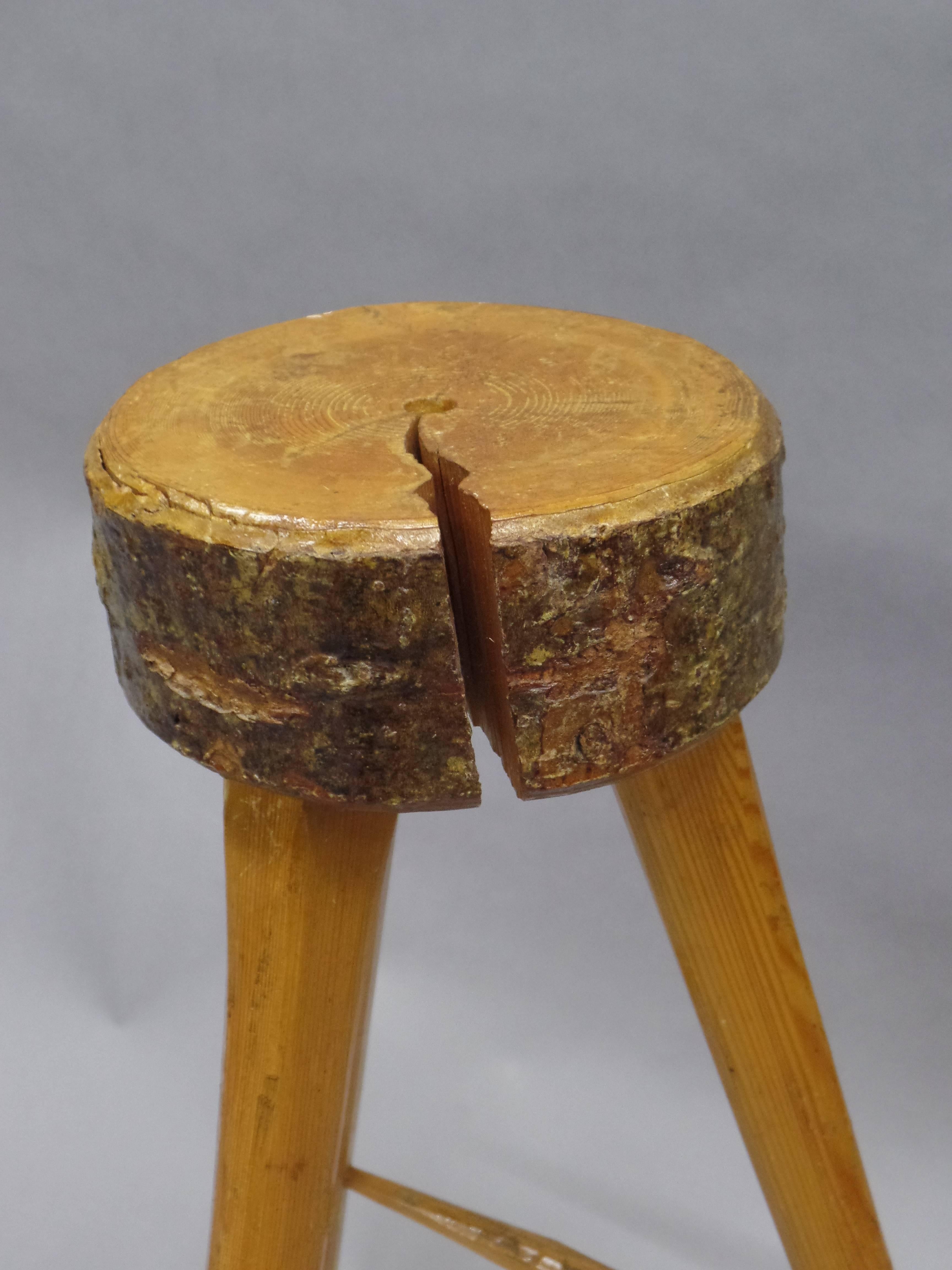 Three French Mid-Century Modern Brutalist Style Wood Bar Stools In Good Condition For Sale In New York, NY