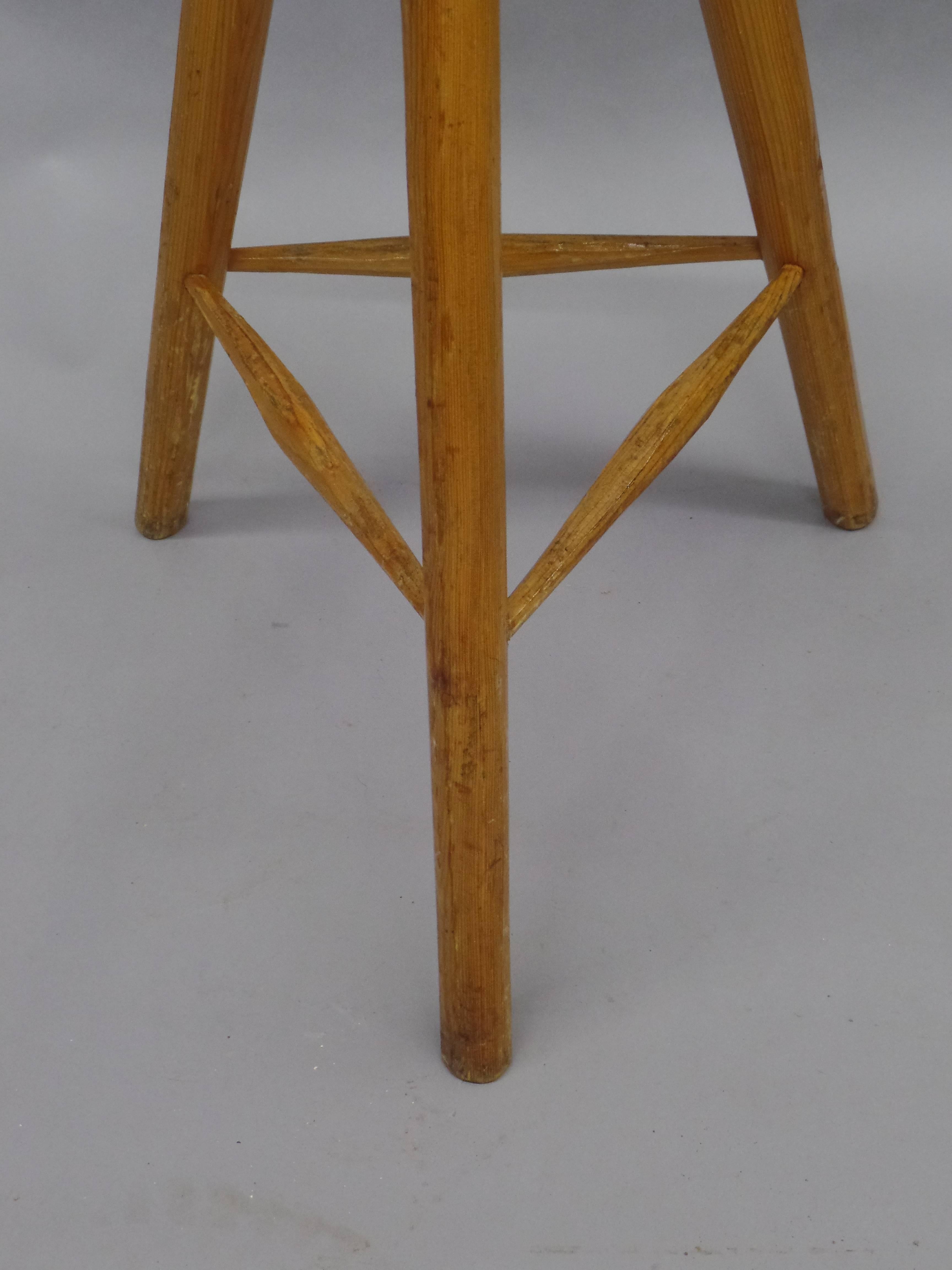 Three French Mid-Century Modern Brutalist Style Wood Bar Stools For Sale 1