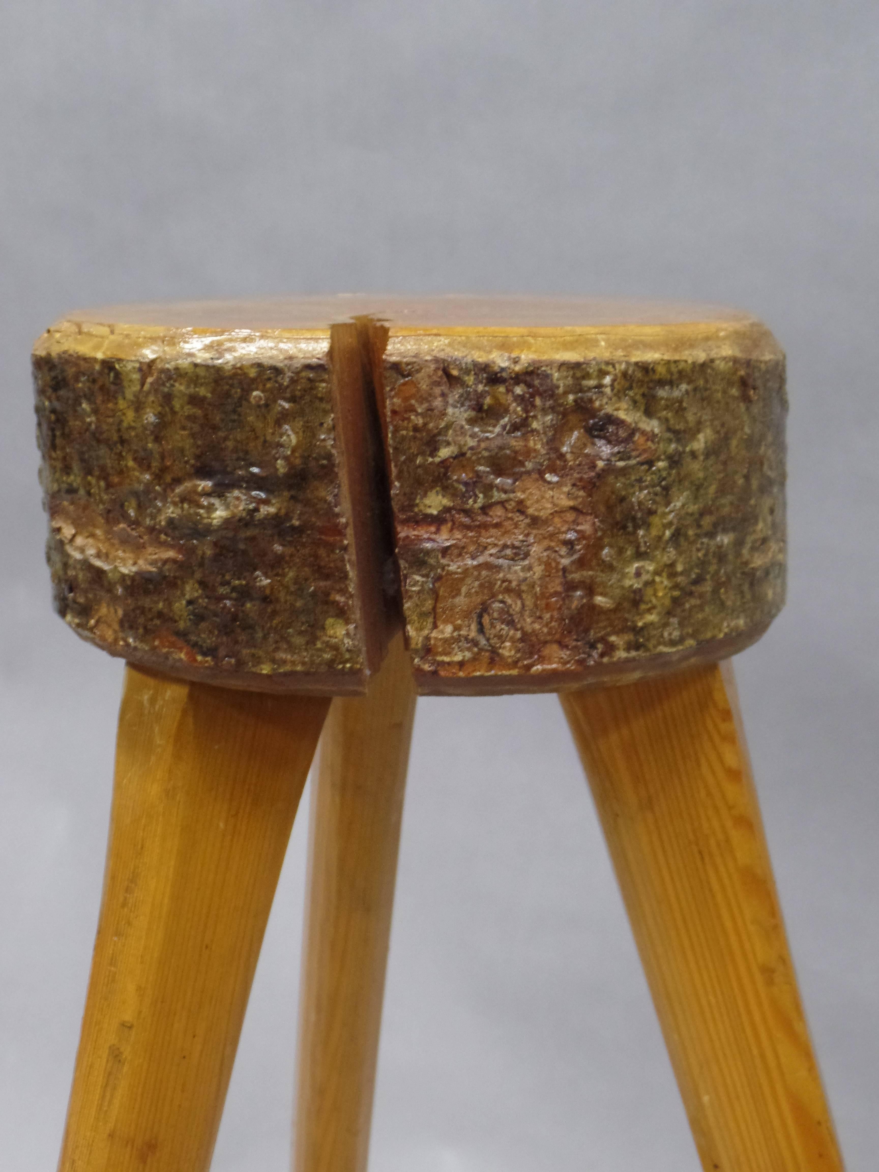 20th Century Three French Mid-Century Modern Brutalist Style Wood Bar Stools For Sale