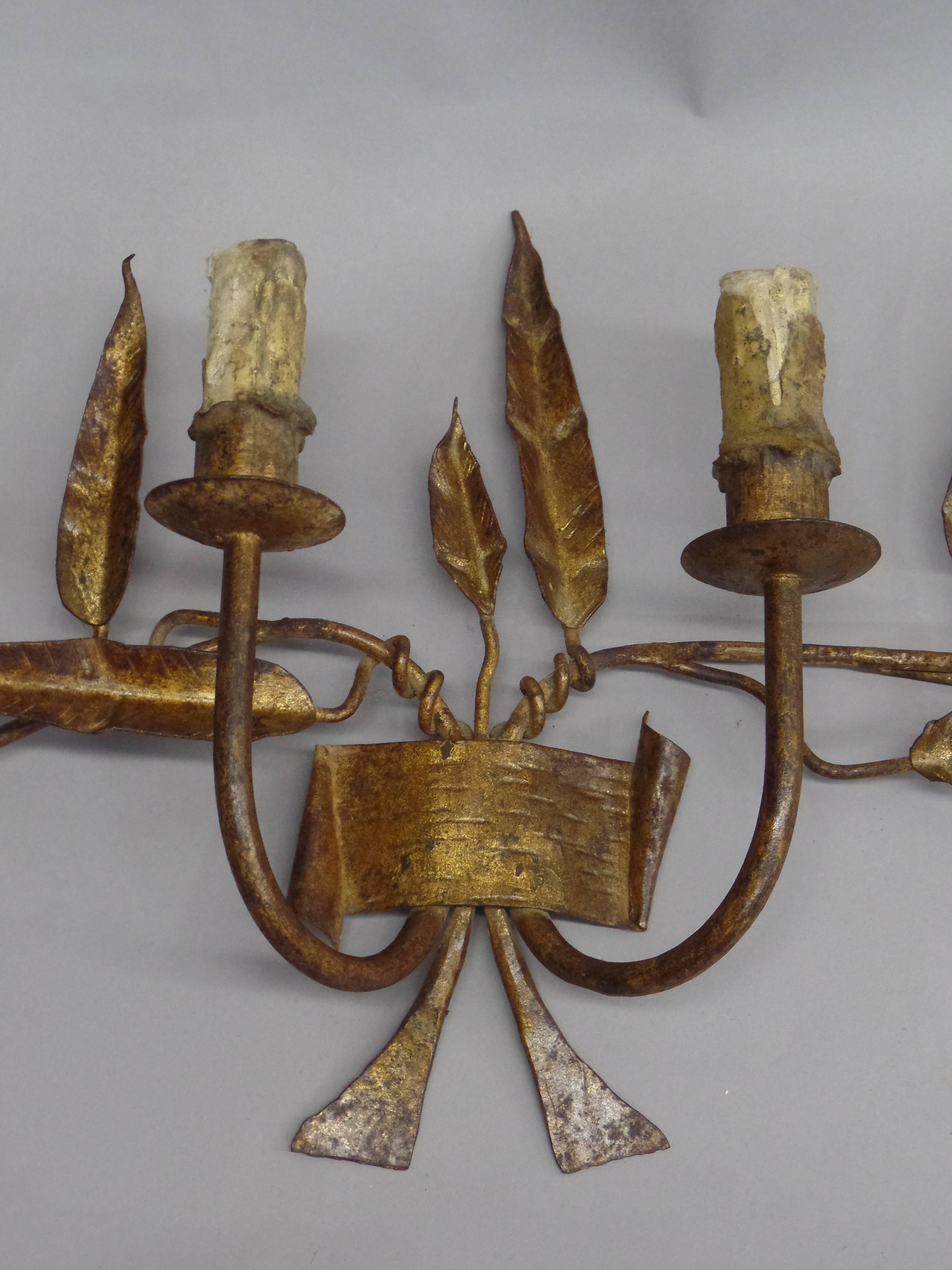 Pair French Mid-Century Handmade and Gilt Wrought Iron Sconces, Poillerat Style 1