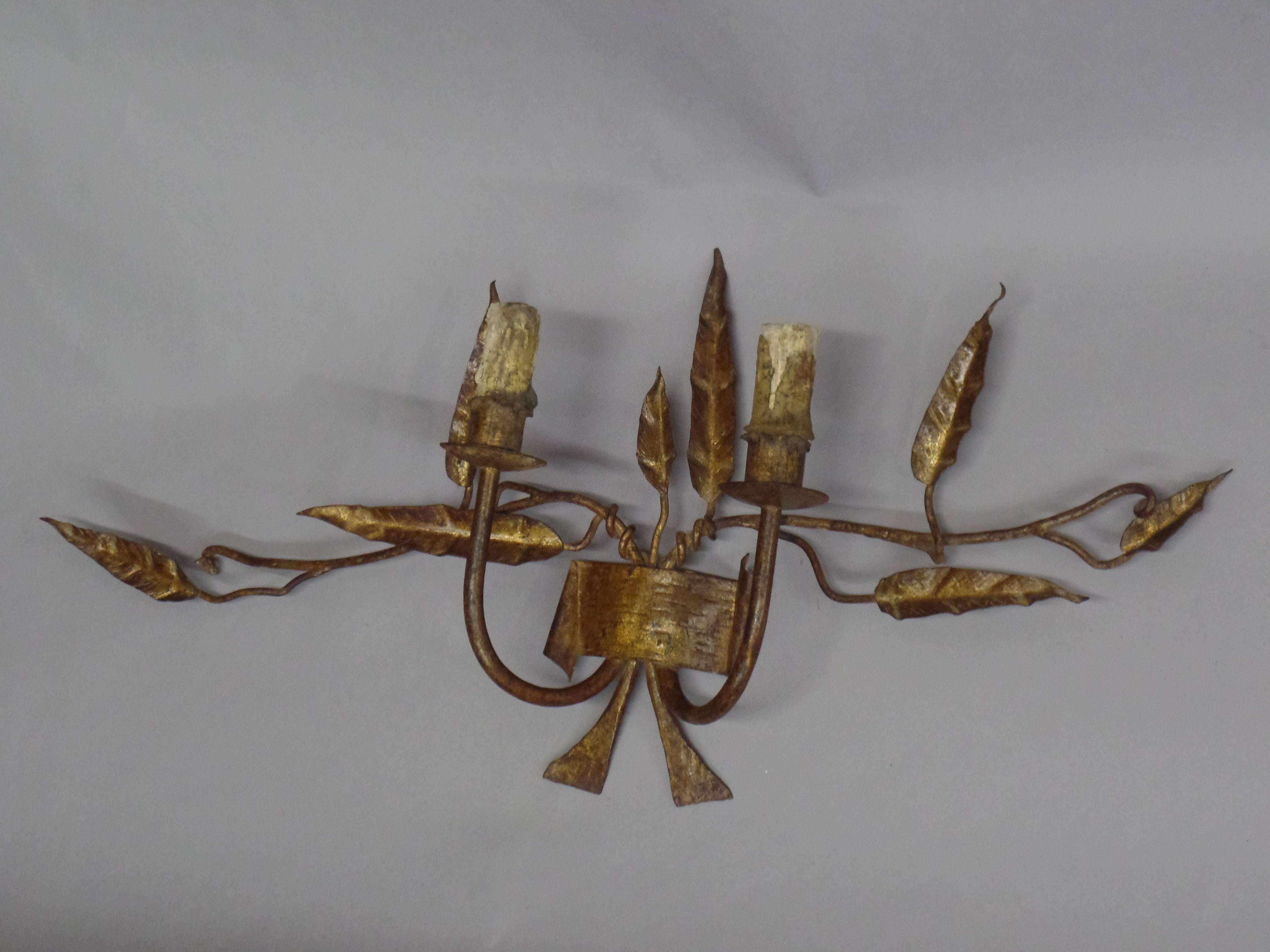 Mid-Century Modern Pair French Mid-Century Handmade and Gilt Wrought Iron Sconces, Poillerat Style