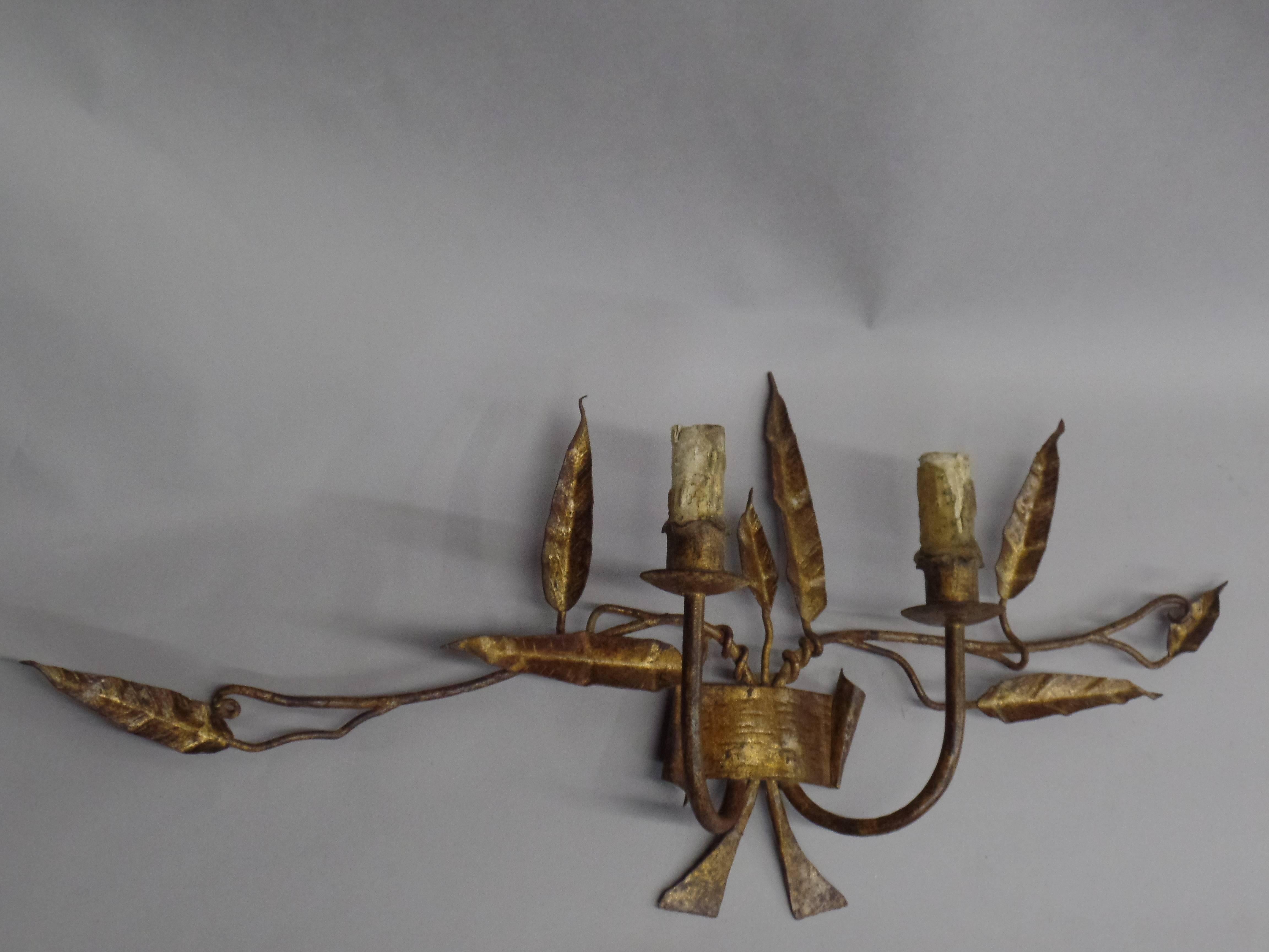 Pair French Mid-Century Handmade and Gilt Wrought Iron Sconces, Poillerat Style In Good Condition In New York, NY