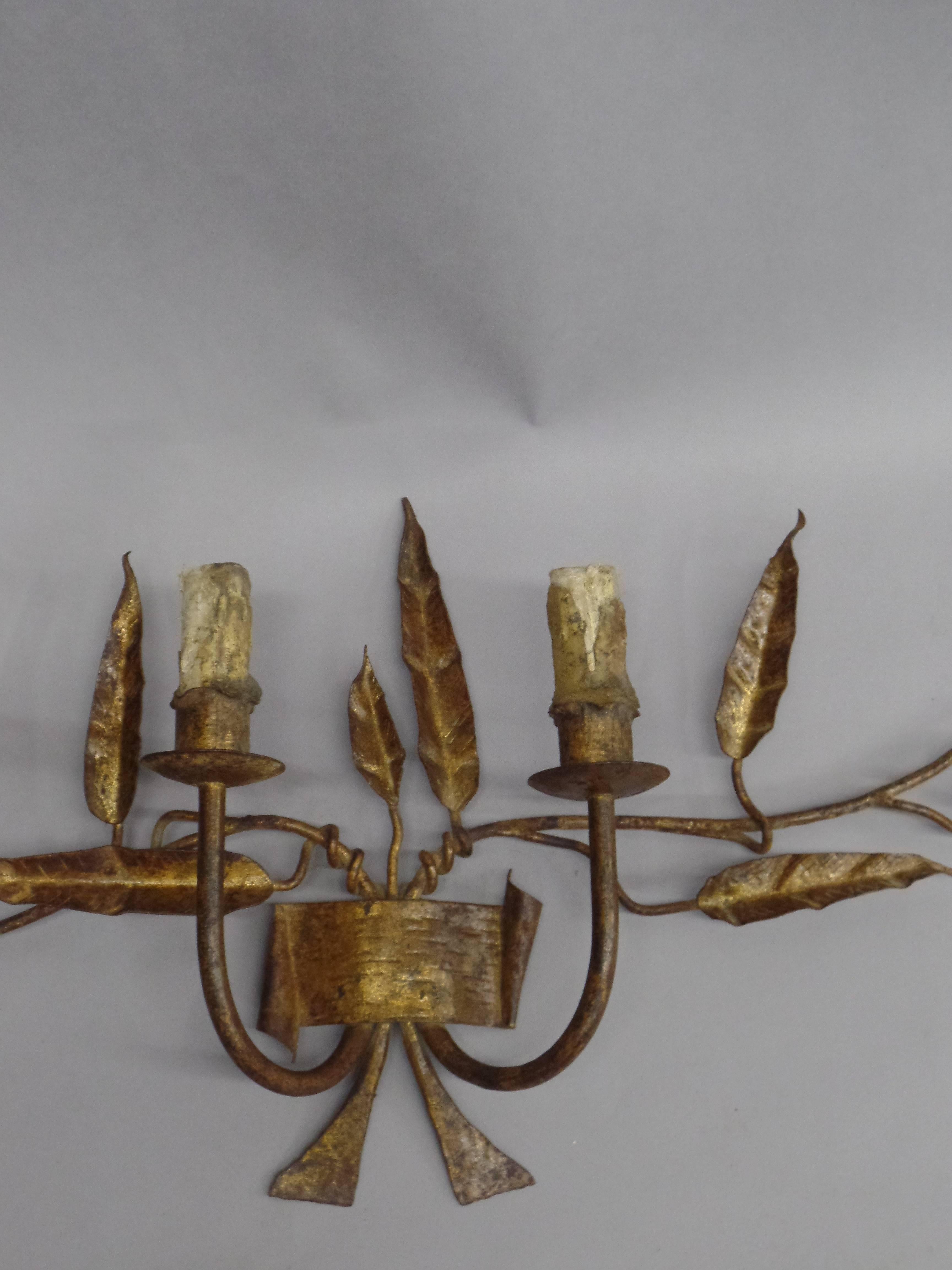 Mid-20th Century Pair French Mid-Century Handmade and Gilt Wrought Iron Sconces, Poillerat Style