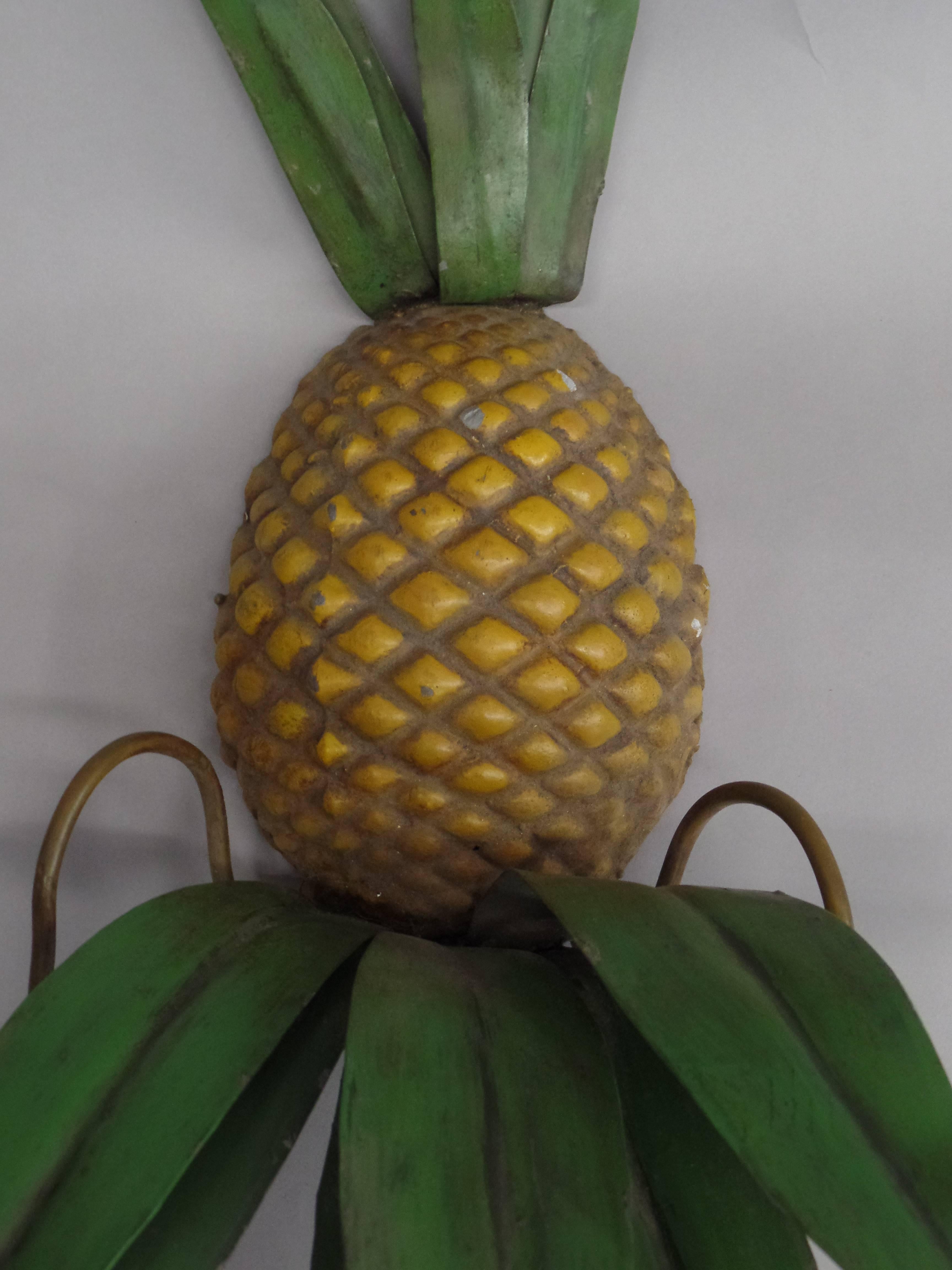 Hand-Painted Pair of French Mid-Century Toll Wall Sconces in the Form of Pineapples
