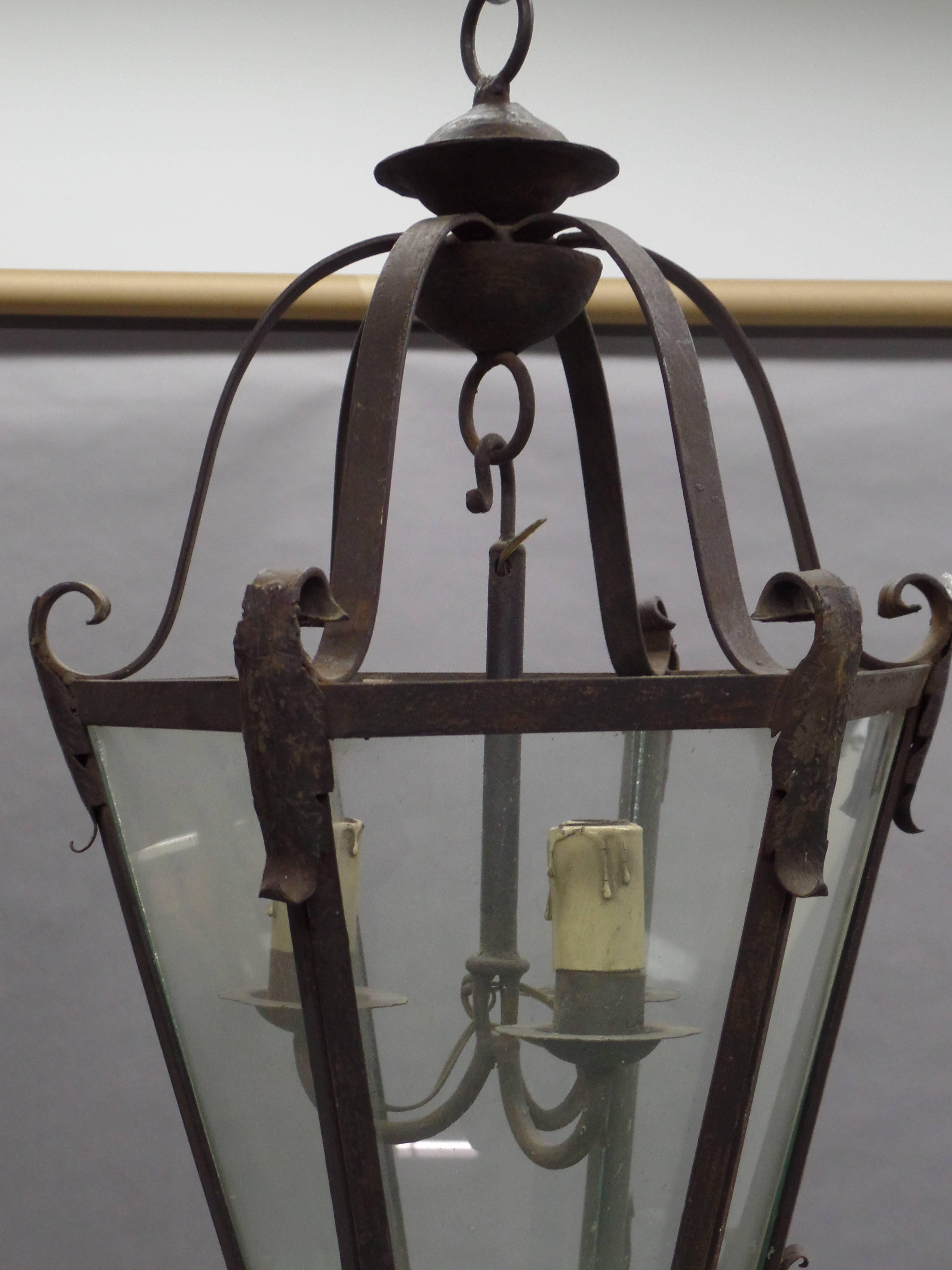 Mid-20th Century Large French Mid-Century Wrought Iron Lantern / Pendant / Chandelier, 1940 For Sale