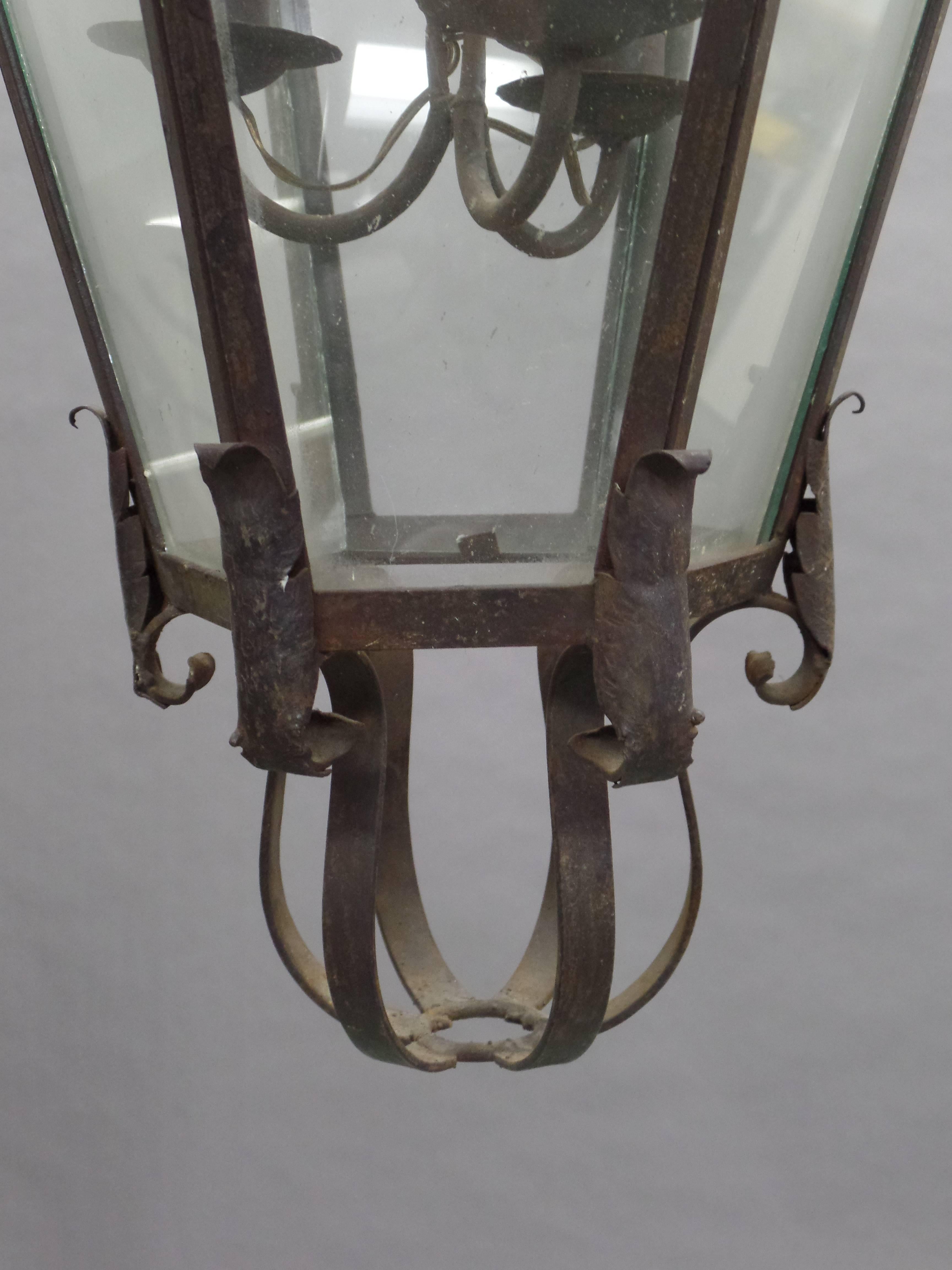 Large French Mid-Century Wrought Iron Lantern / Pendant / Chandelier, 1940 For Sale 1