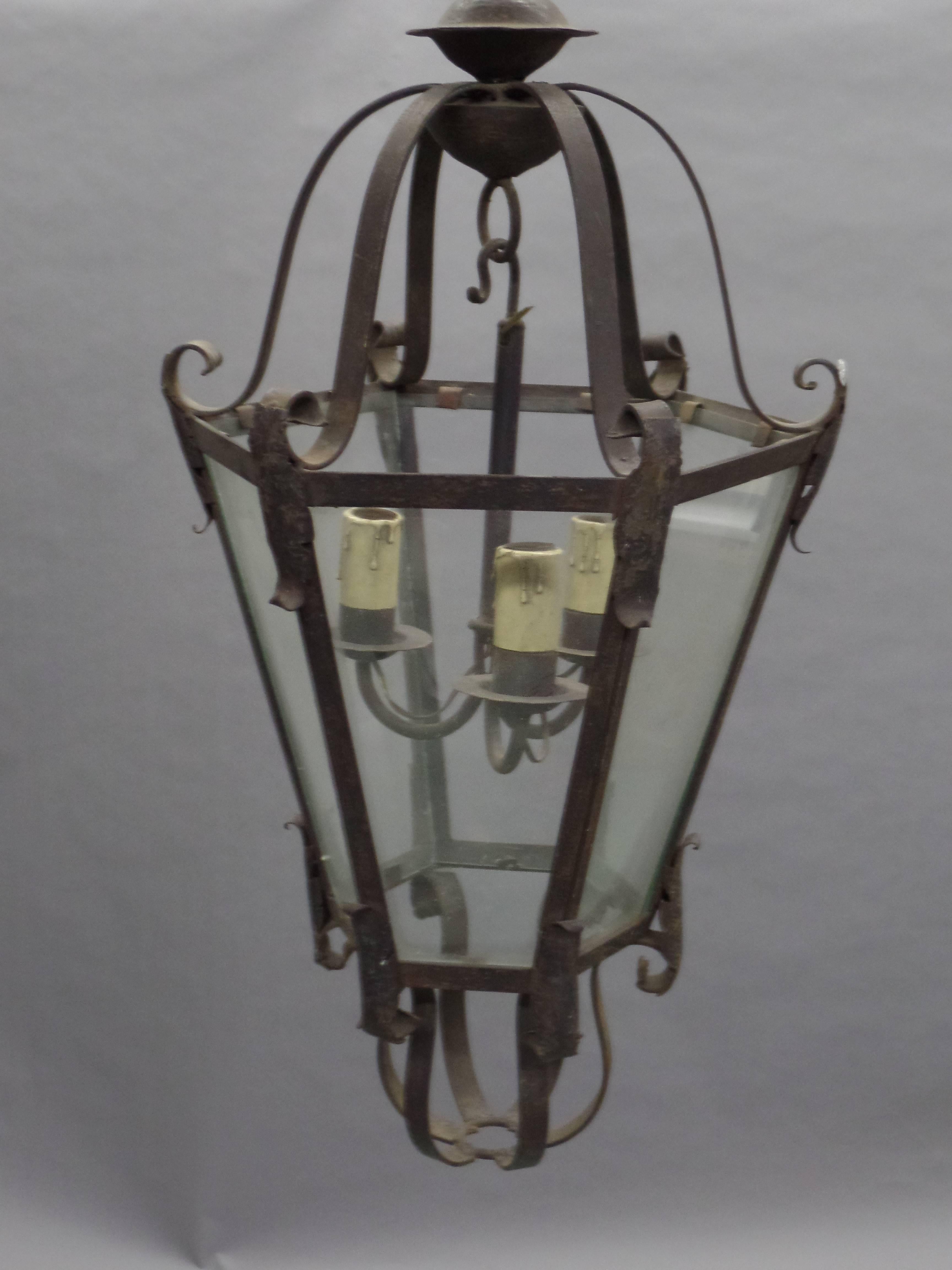 Mid-Century Modern Large French Mid-Century Wrought Iron Lantern / Pendant / Chandelier, 1940 For Sale