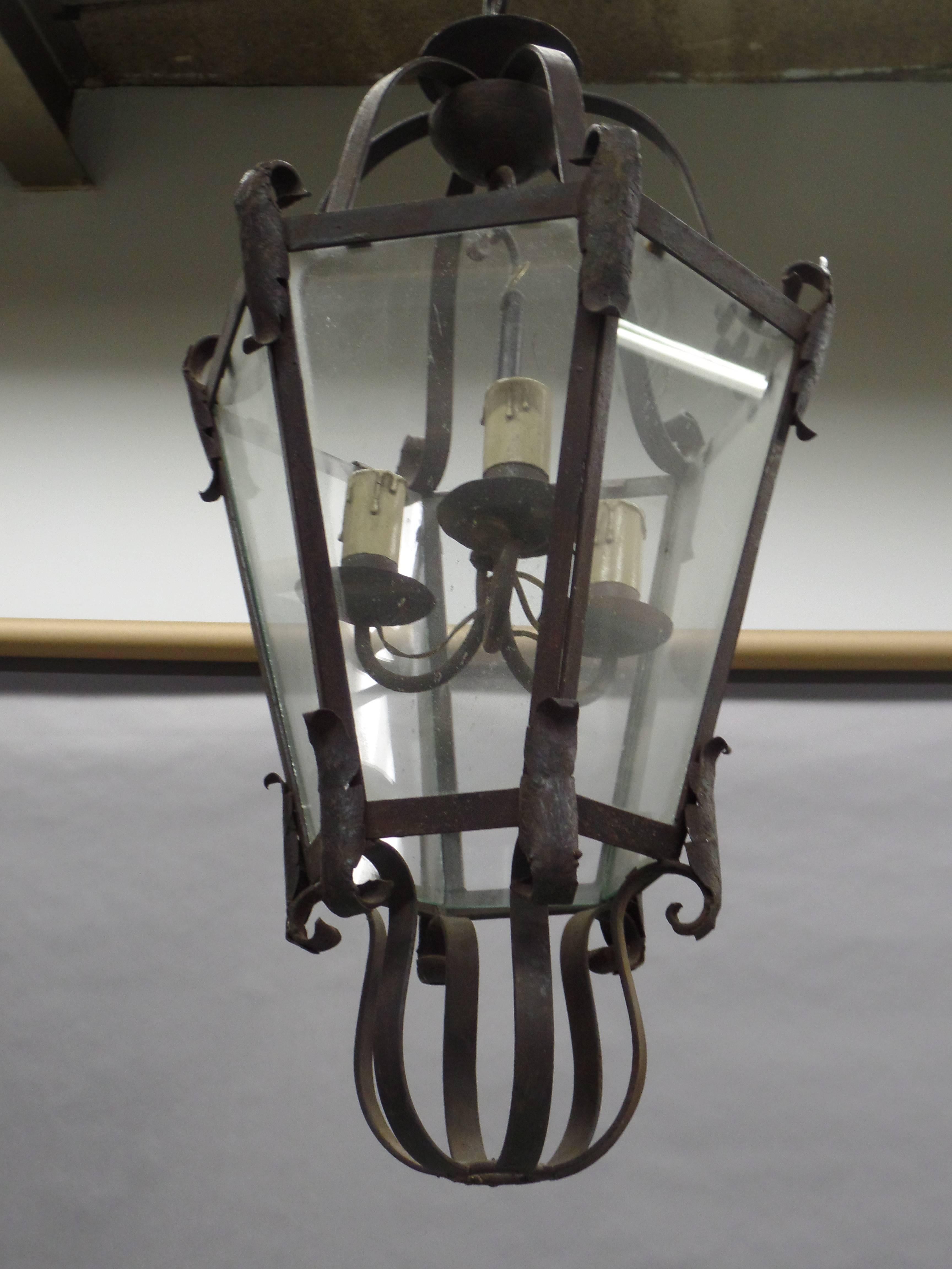 Large French Mid-Century Wrought Iron Lantern / Pendant / Chandelier, 1940 In Good Condition For Sale In New York, NY