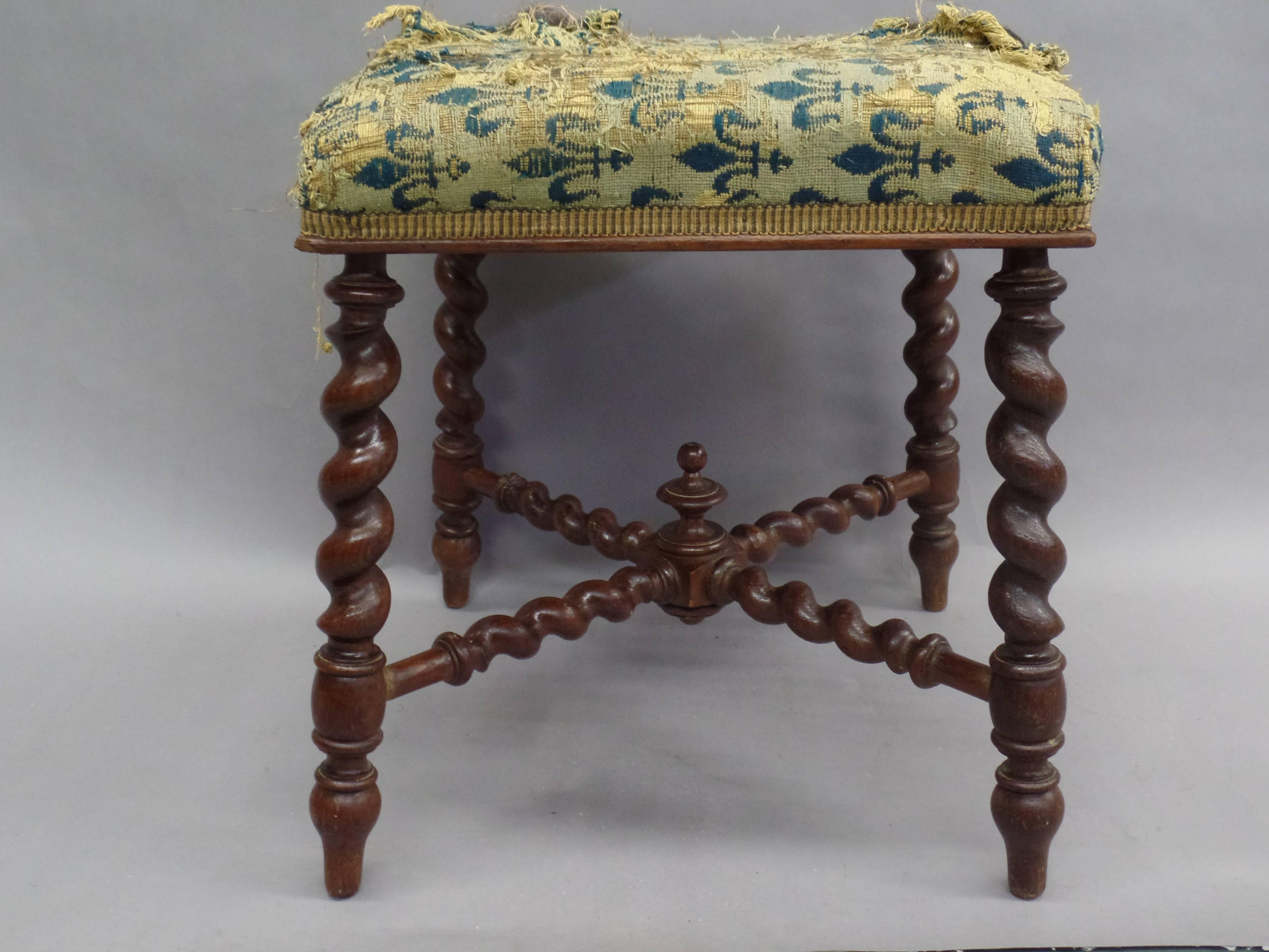 French bench or stool in the style of Louis XIII with legs and stretcher in the form of a barley twist. 