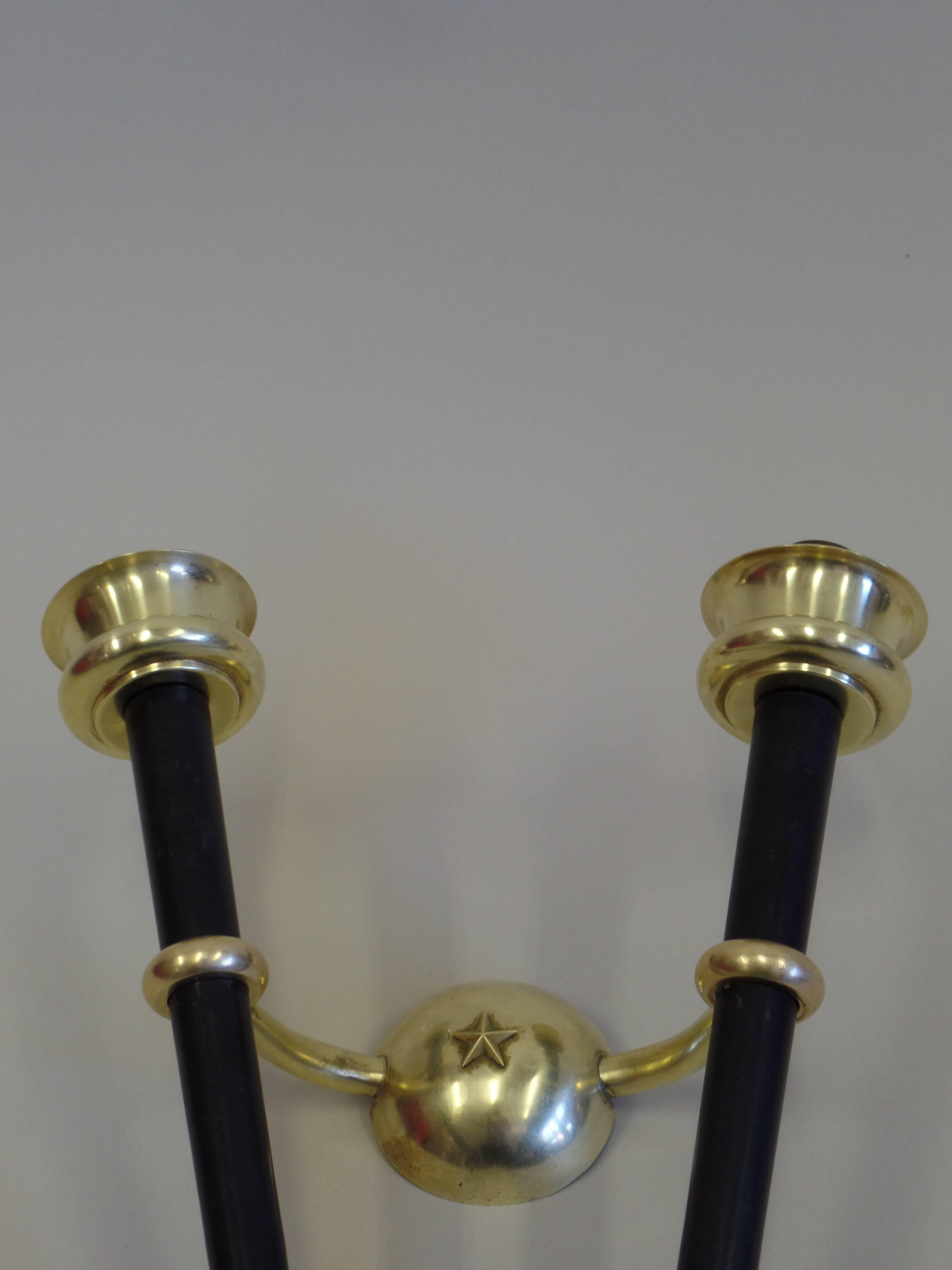 Brass Pair of French Mid-Century Modern Neoclassical Wall Sconces, Manner Andre Arbus For Sale