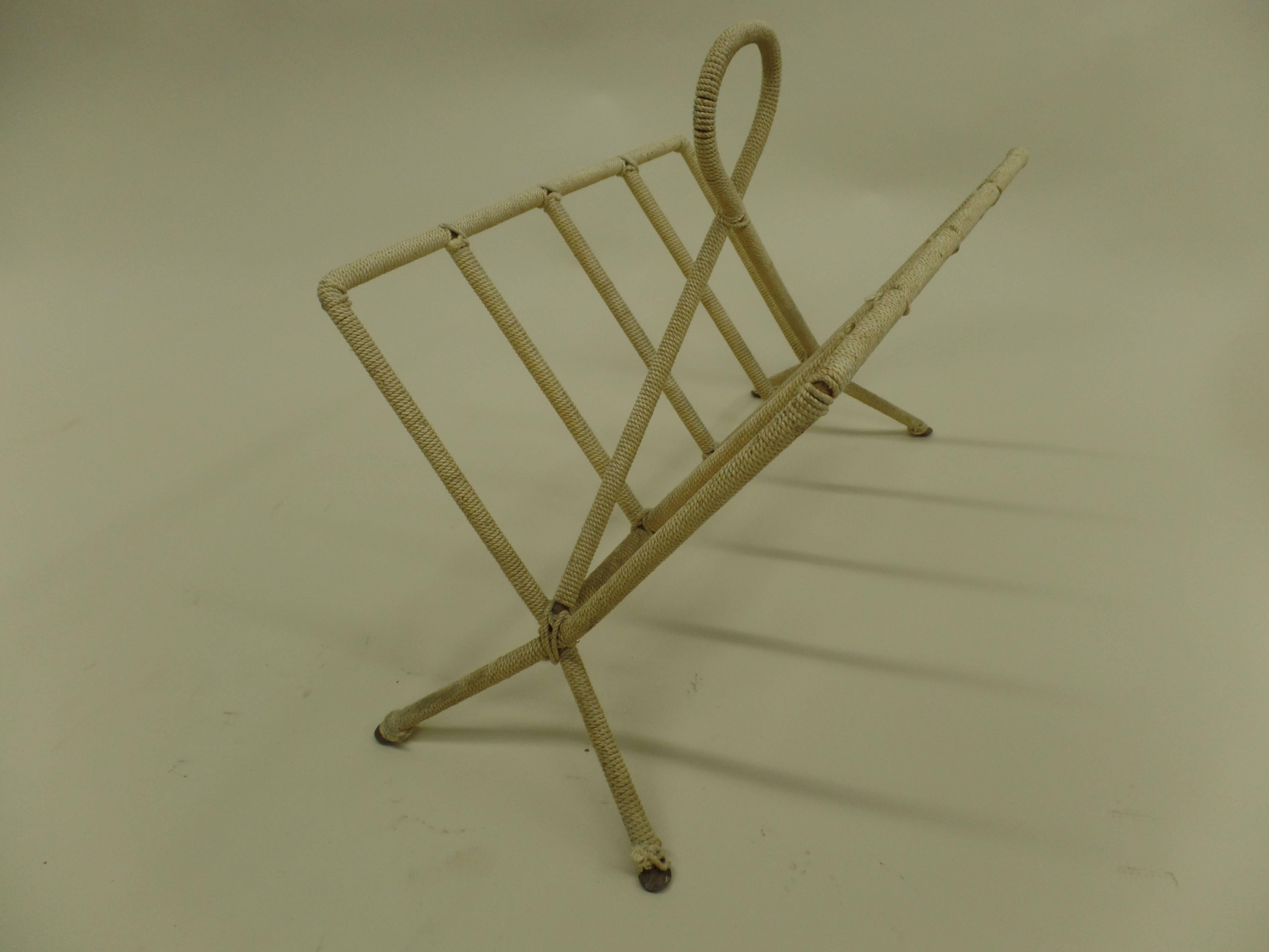 Hand-Woven French Midcentury Modern Iron and Woven Rope Magazine Stand