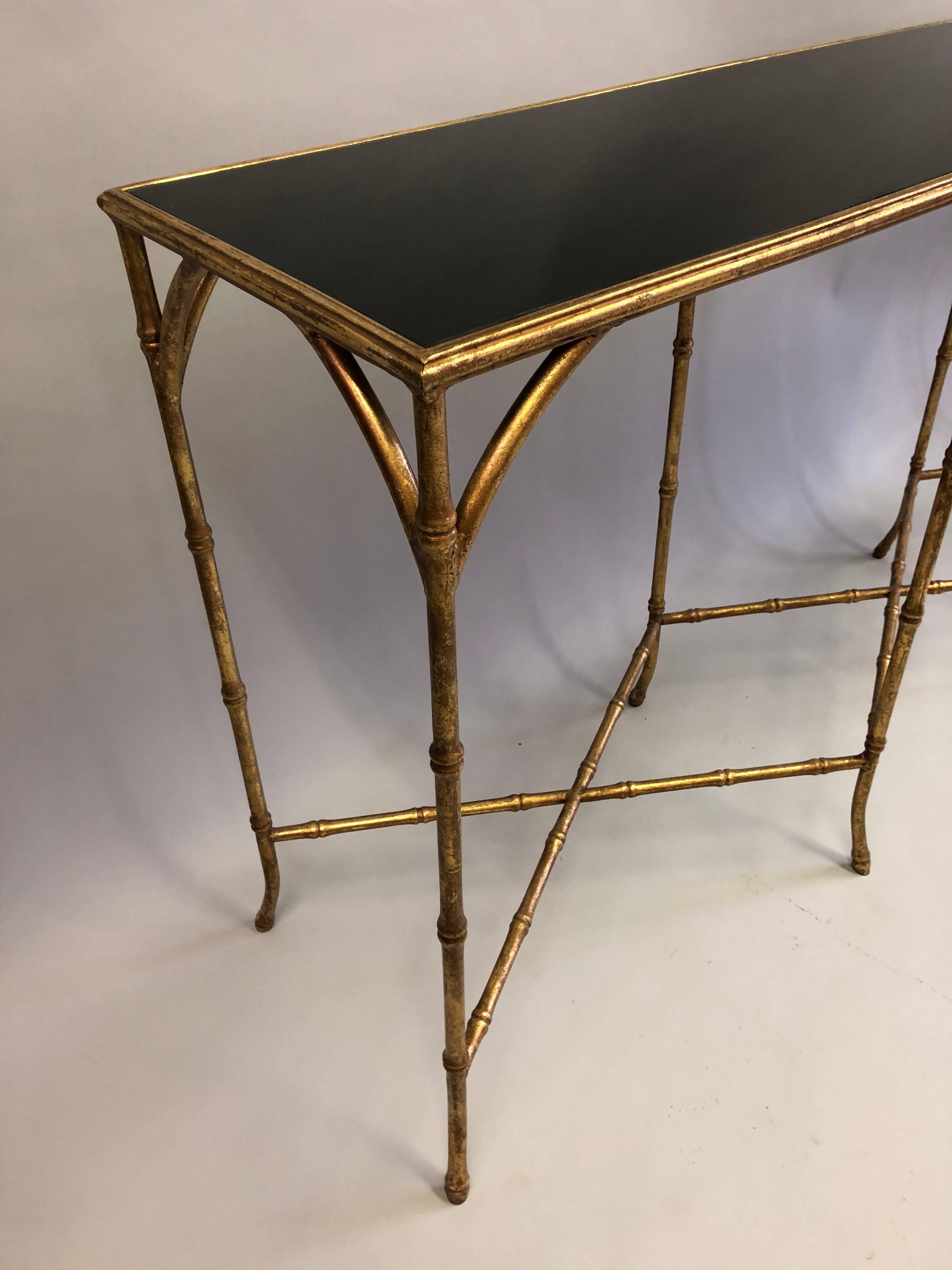 Large French Mid-Century Modern Gilt Iron Faux Bamboo Console, Maison Bagues 2