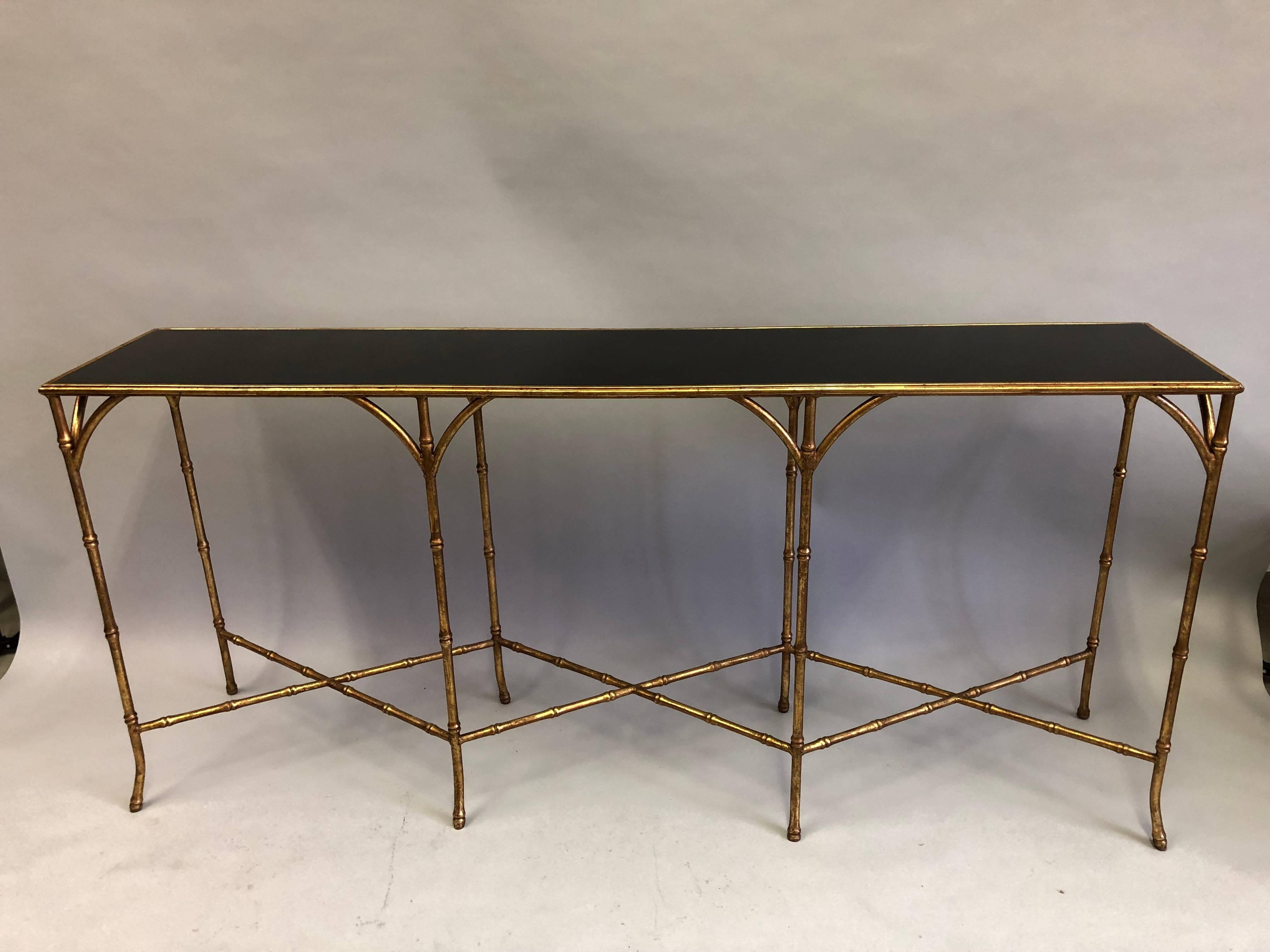 Large French Mid-Century Modern Gilt Iron Faux Bamboo Console, Maison Bagues In Excellent Condition In New York, NY