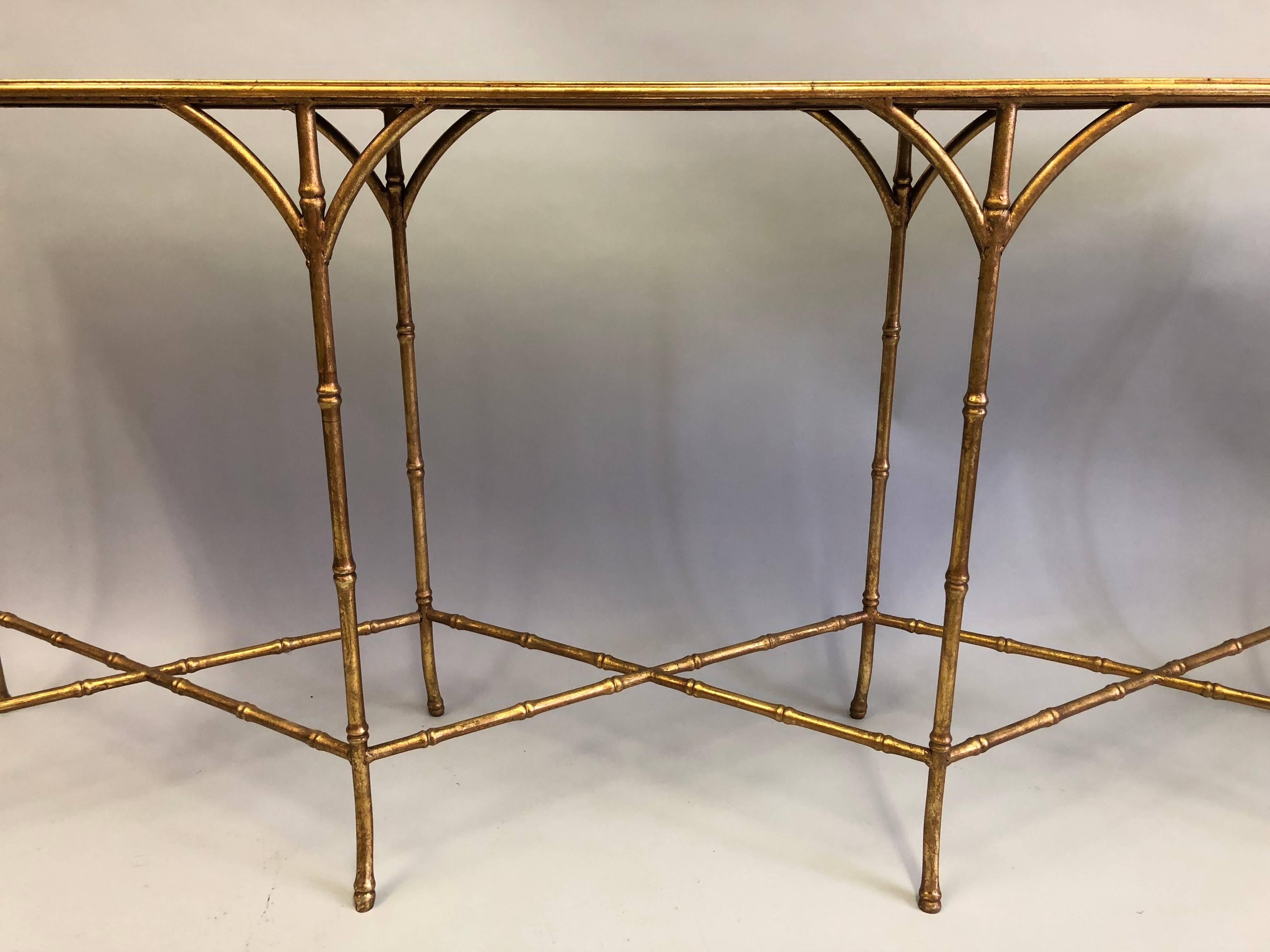 Large French Mid-Century Modern Gilt Iron Faux Bamboo Console, Maison Bagues 1
