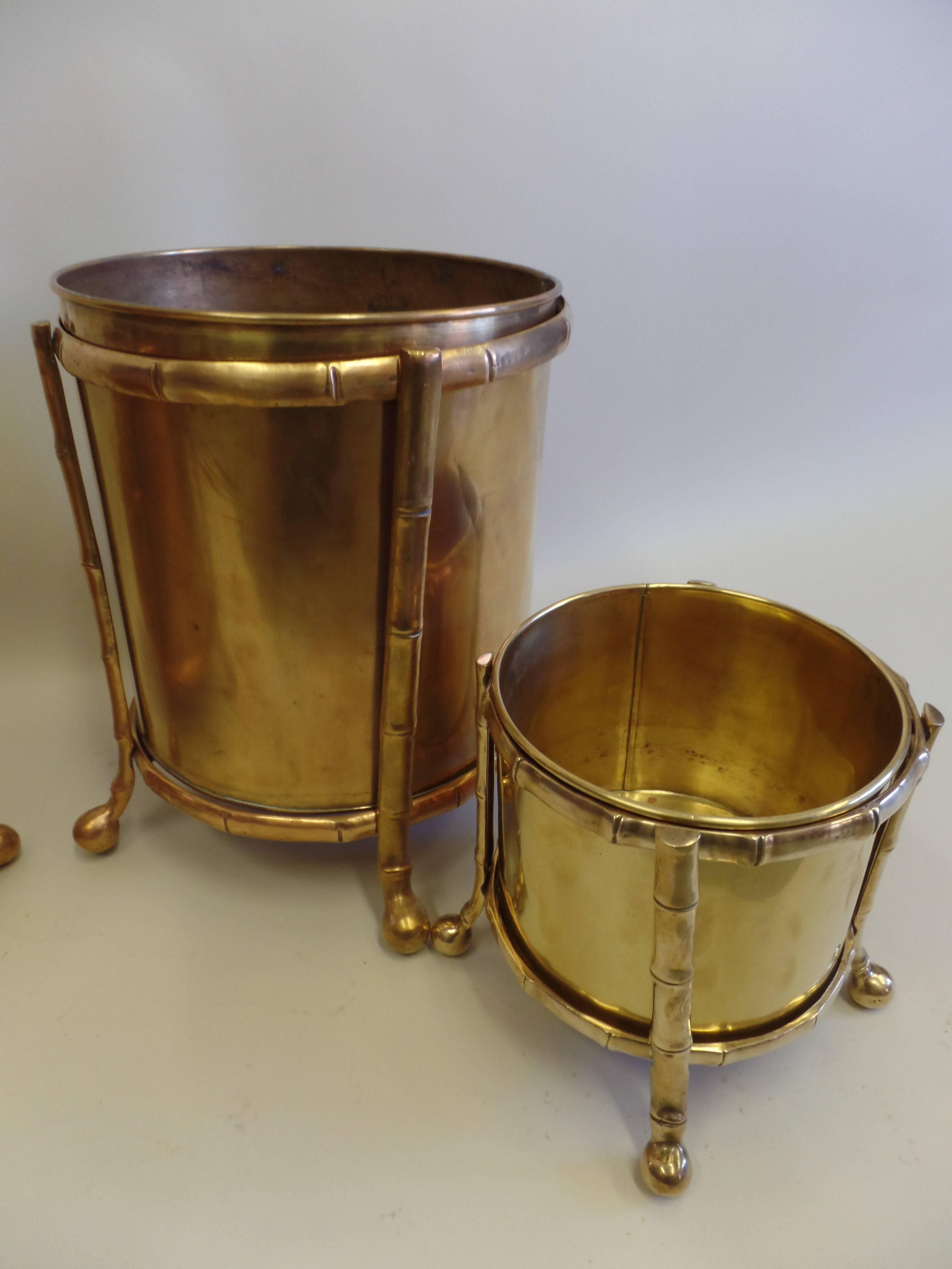 Mid-Century Modern Three Solid Bronze Faux Bamboo Waste Baskets / Umbrella Stands by Maison Baguès