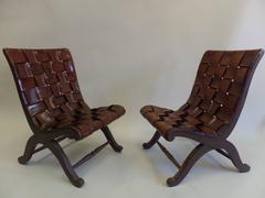 Pair of Spanish Modern Neoclassical Leather Strap Chairs by Pierre Lottier