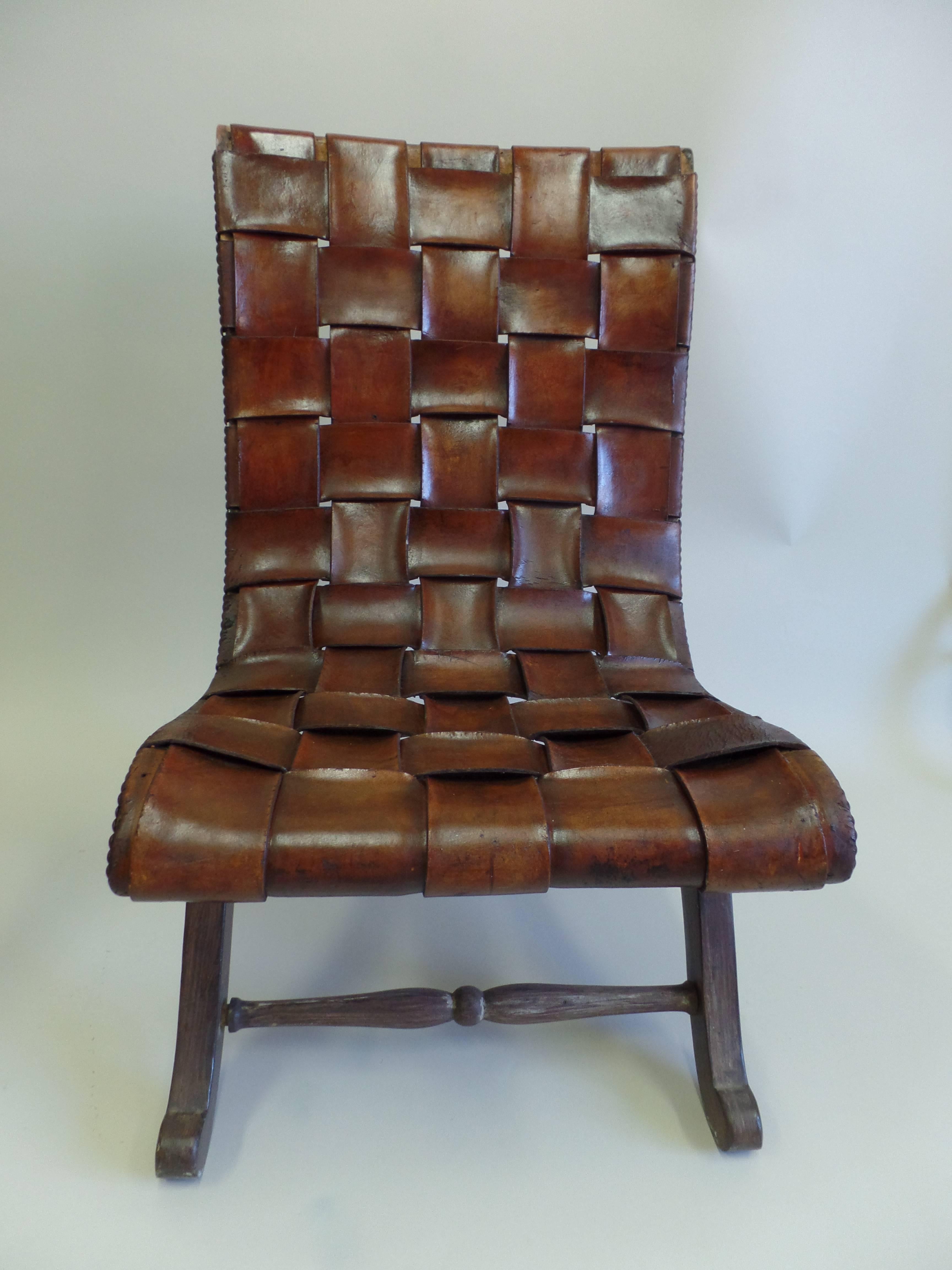 20th Century Pair of Spanish Modern Neoclassical Leather Strap Chairs by Pierre Lottier