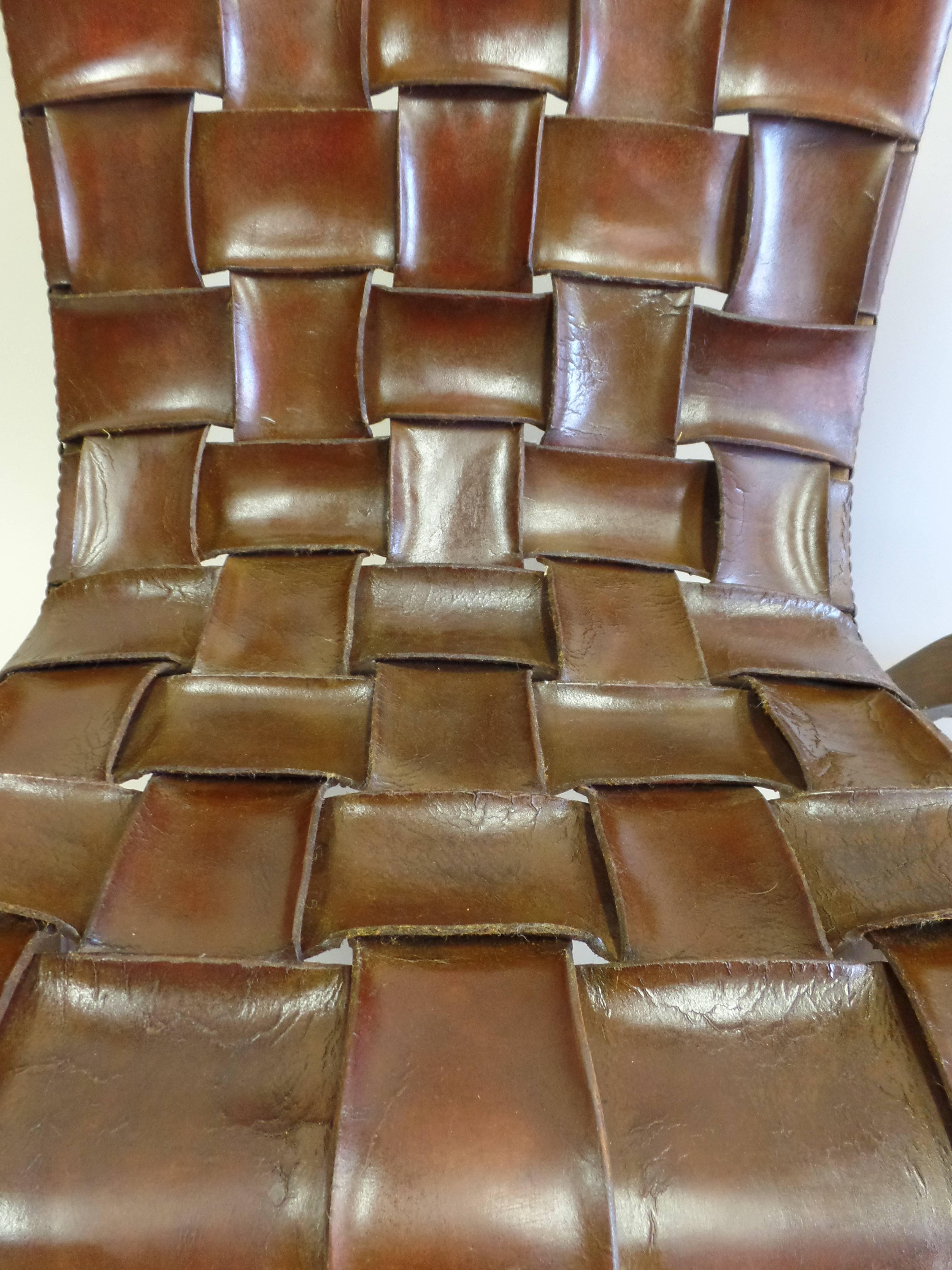 Pair of Spanish Modern Neoclassical Leather Strap Chairs by Pierre Lottier 1