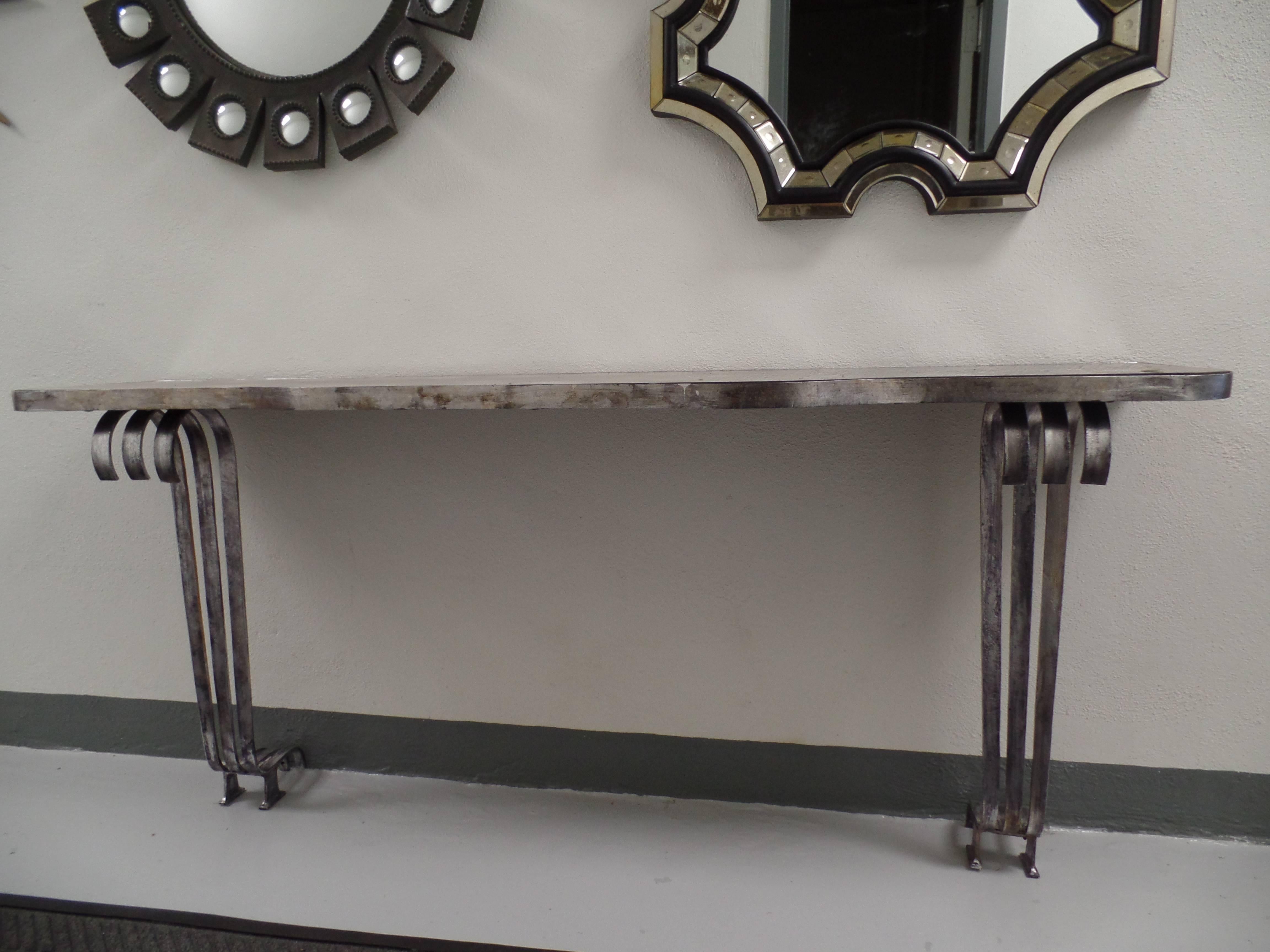 Rare, elegant, large French Mid-Century 1930 modernist / late Art Deco wrought iron console attributed to Raymond Subes. The console is emblematic of Subes's use of soft, curving, sensuous forms and an effortless sense of balance and harmony. The