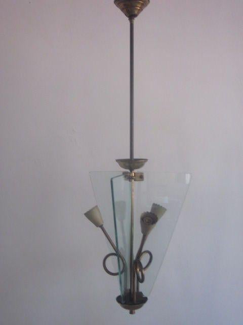 Brass Italian Midcentury Glass Chandelier, Pendant by Luigi Fontana For Sale