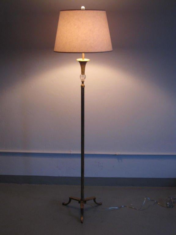 Mid-Century Modern Pair French 1940 Style Gilt Iron & Rock Crystal Floor Lamps, Maison Ramsay Style