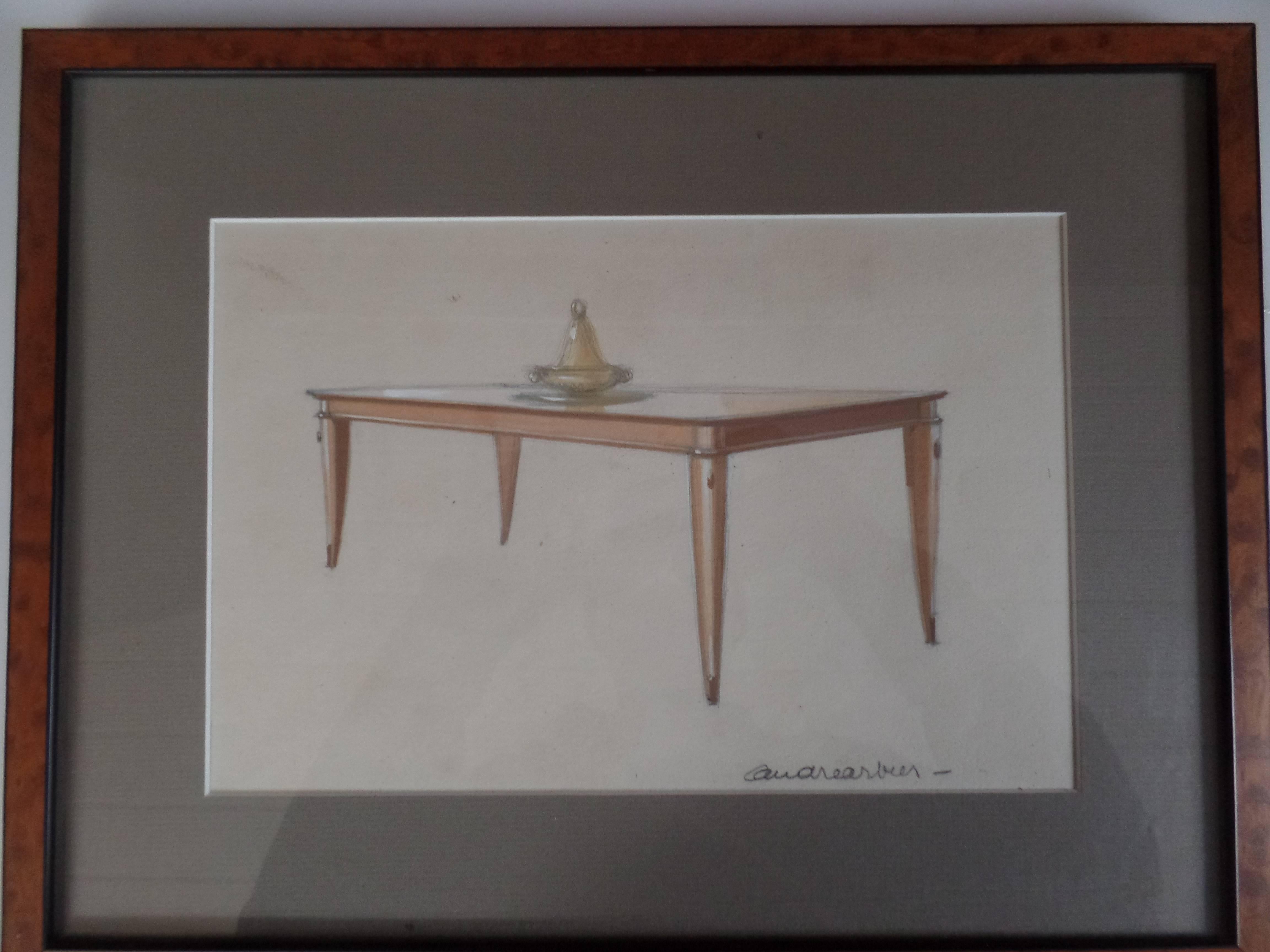 Gouache and pen work by André Arbus (1903-1969). Signed Andre Arbus. 

Origin: Drawing of dining table by Andre Arbus for the apartment of Mme Pedersen, Paris, 1938.

Literature: Andre Arbus, Yvonne Brunhammer, Flammarion, Paris, 1997.