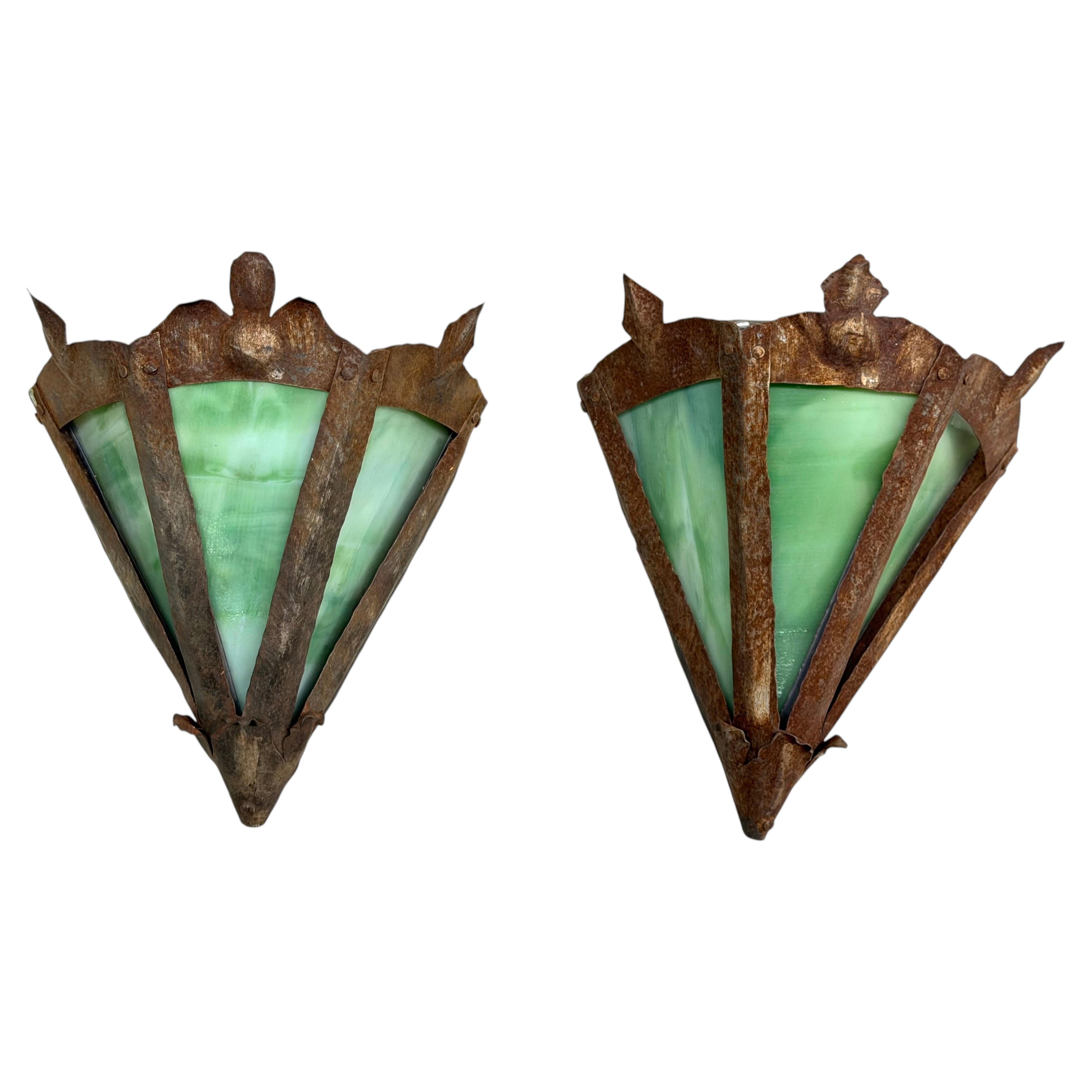 Pair of French Midcentury Modern Craftsman Stained Glass & Wrought Iron Sconces For Sale