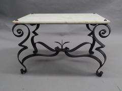 French Wrought Iron & Marble Cocktail /Side Table, Style Gilbert Poillerat, 1940