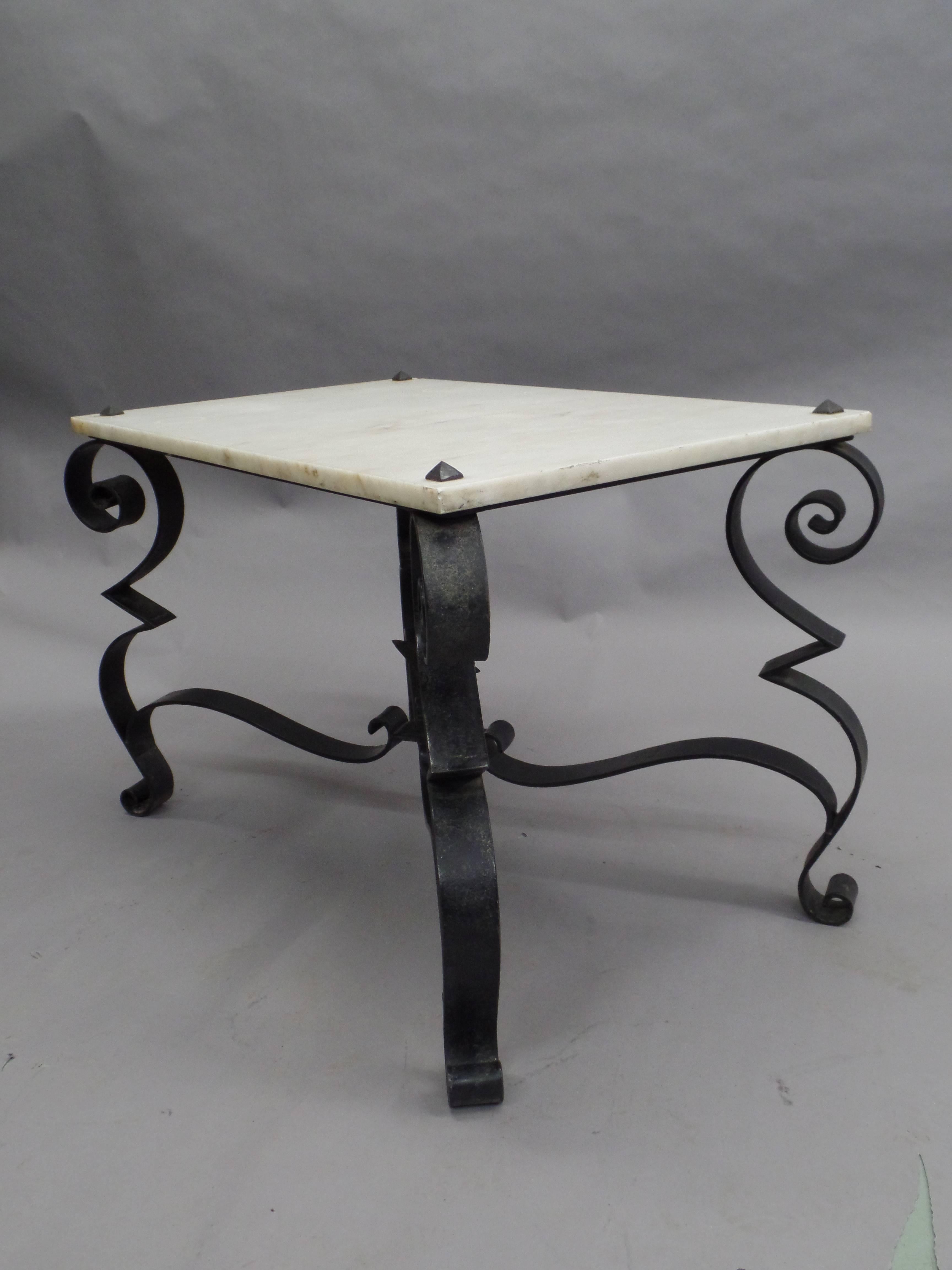 Hand-Crafted French Wrought Iron & Marble Cocktail /Side Table, Style Gilbert Poillerat, 1940