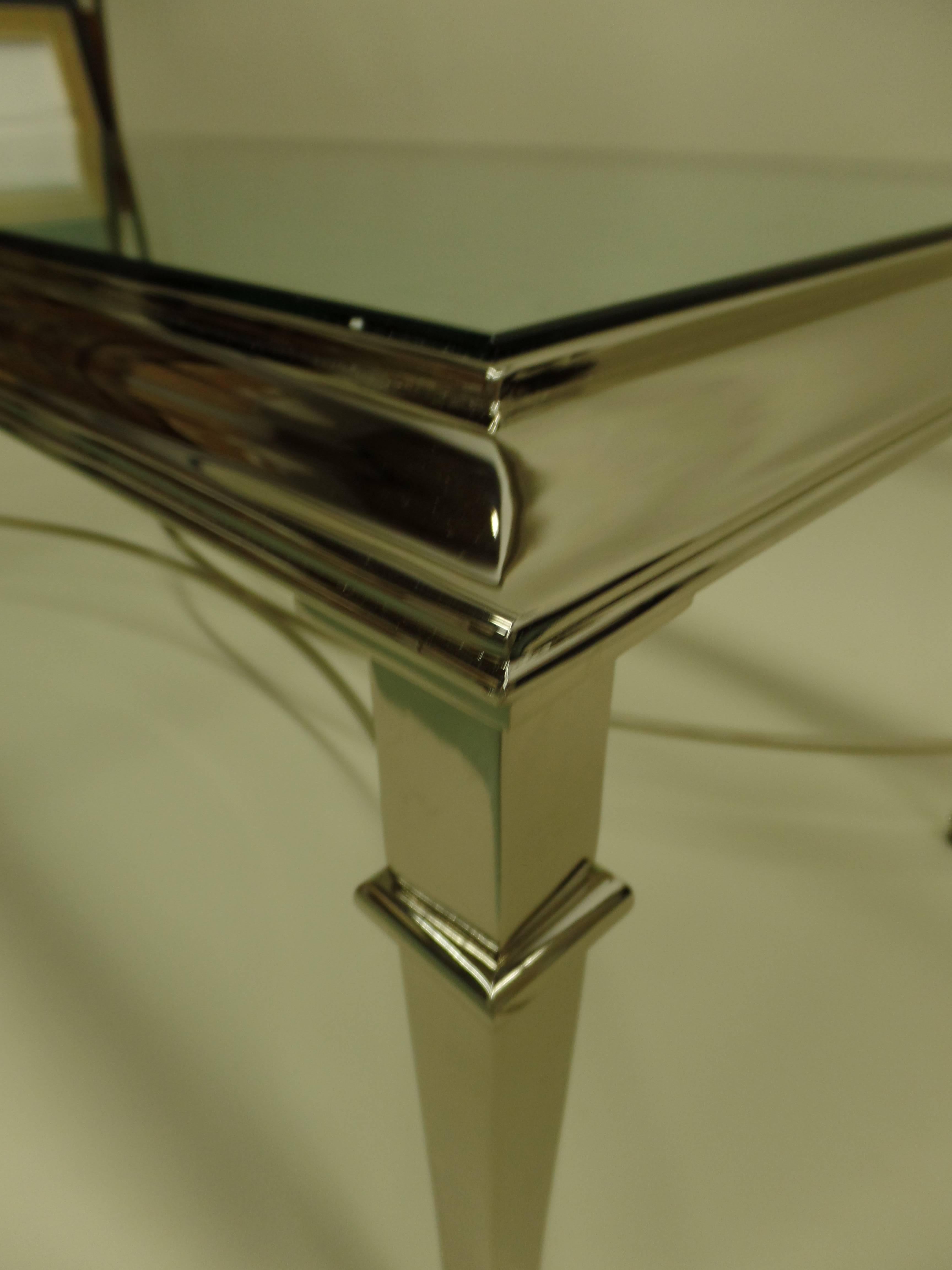 Mid-Century Modern French Modern Neoclassical Polished Nickel and Glass Coffee Table, Maison Ramsay For Sale