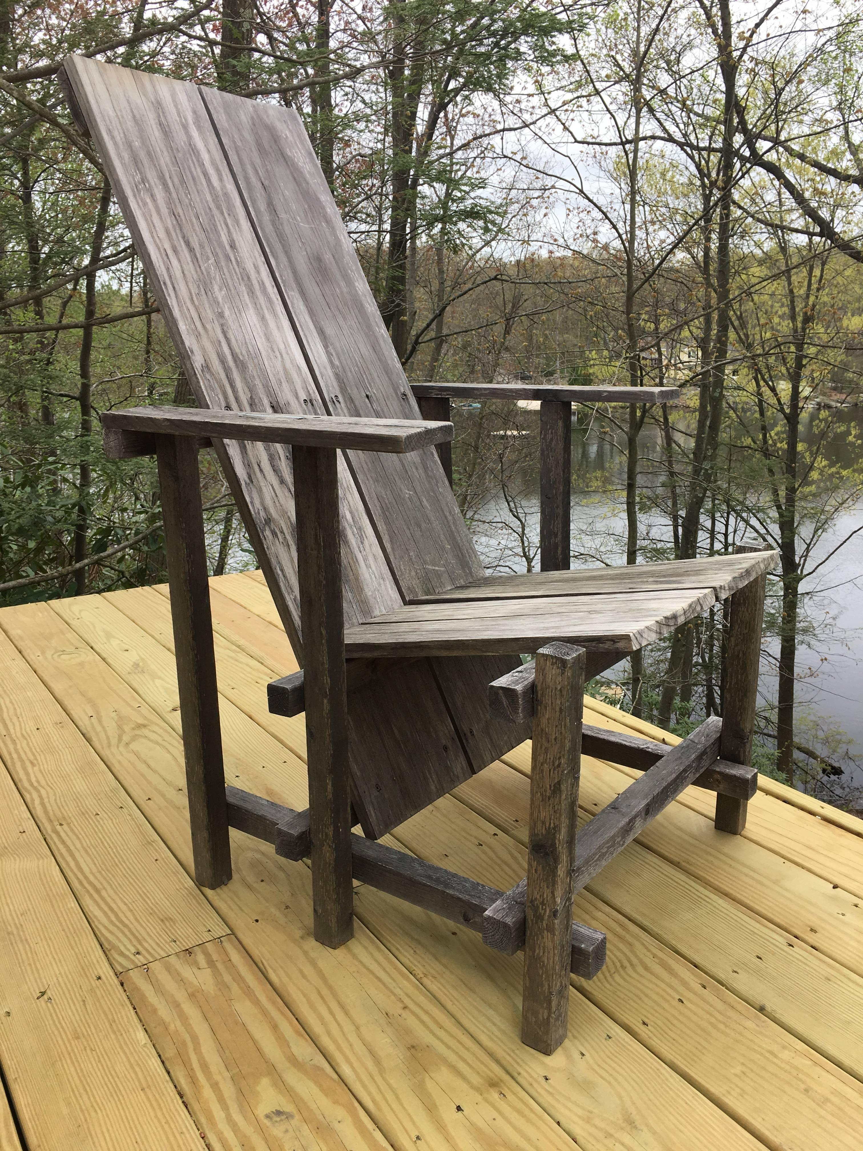 Stunningly visual, early 20th century style modern rustic lounge chairs /armchairs /club chairs using natural materials in comfortable dimensions for indoors, porch or garden in Gerrit Rietveld's early modern style.

From an architectural standpoint