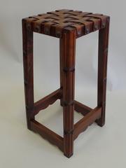 Six French Mid-Century Modern Craftsman Wood and Leather Strap Bar Stools, 1940