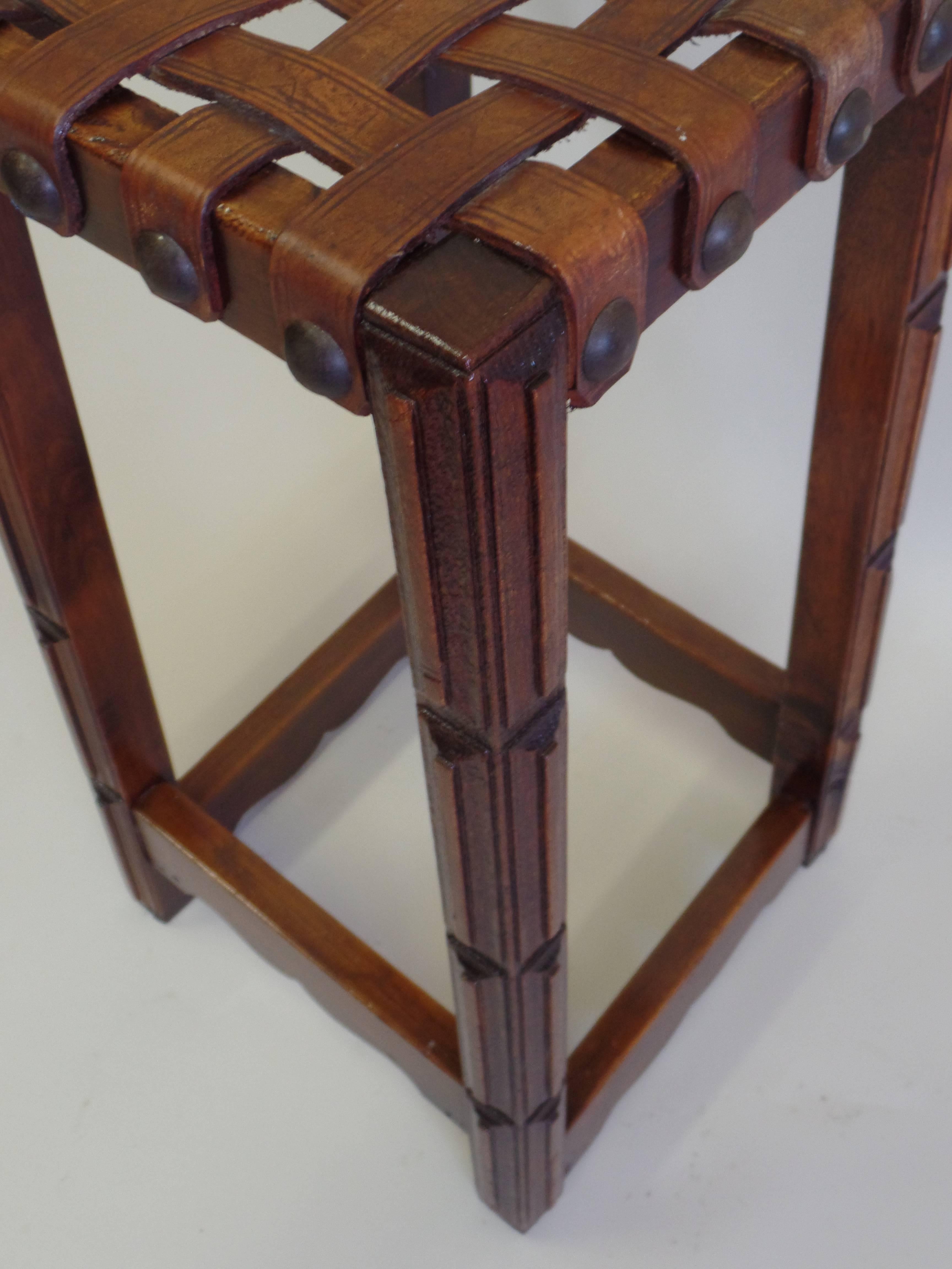 Hand-Carved Six French Mid-Century Modern Craftsman Wood and Leather Strap Bar Stools, 1940 For Sale