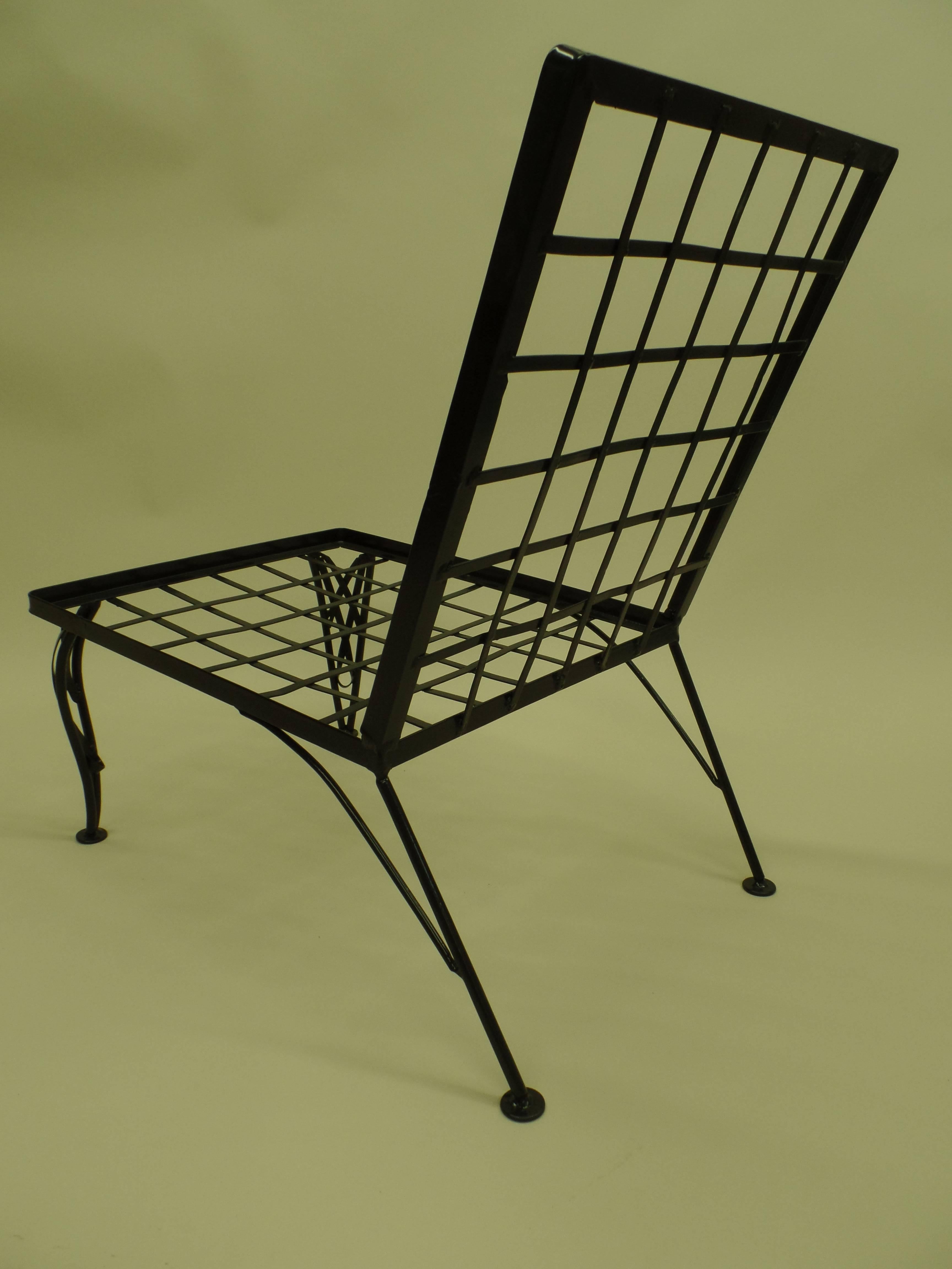 Enameled Pair French Mid-Century Modern Grid Back Iron Lounge Chairs, Rene Gabriel Style For Sale