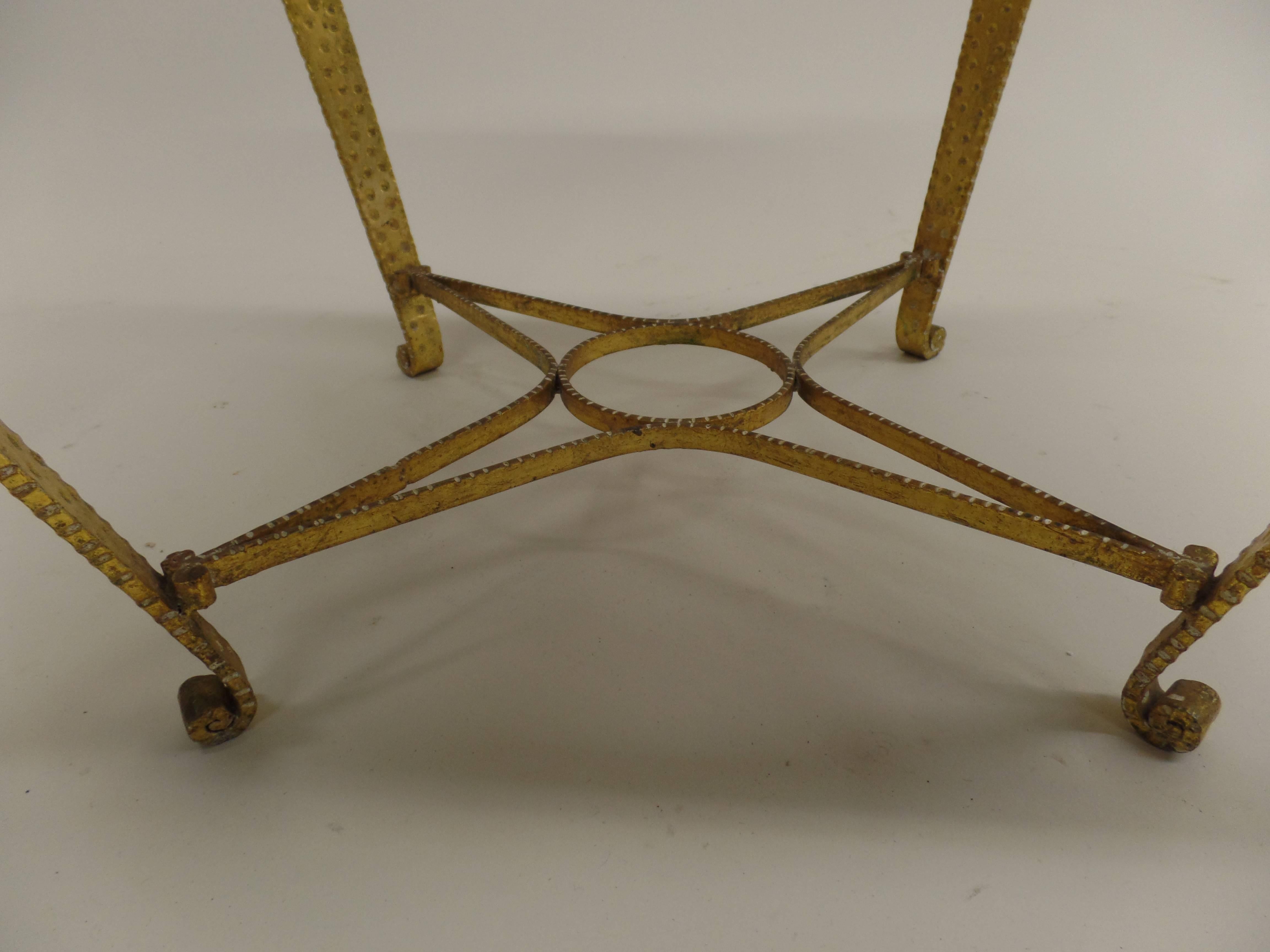 Upholstery Pair of Italian Midcentury Hand-Hammered & Gilt Iron Benches by Pier Luigi Colli For Sale